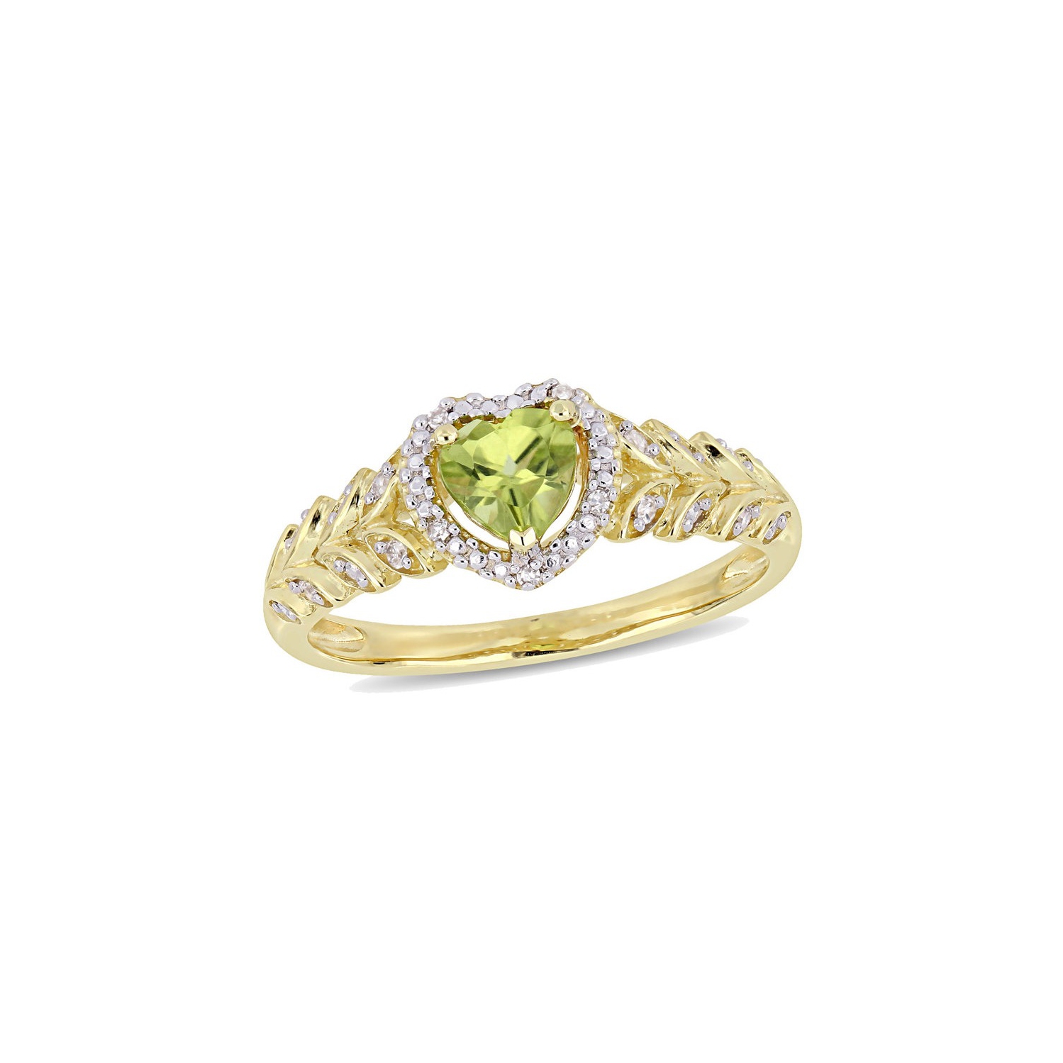 Bague en coeur avec promesse de péridot naturel de 1/2 carats en or jaune 10 ct avec diamants