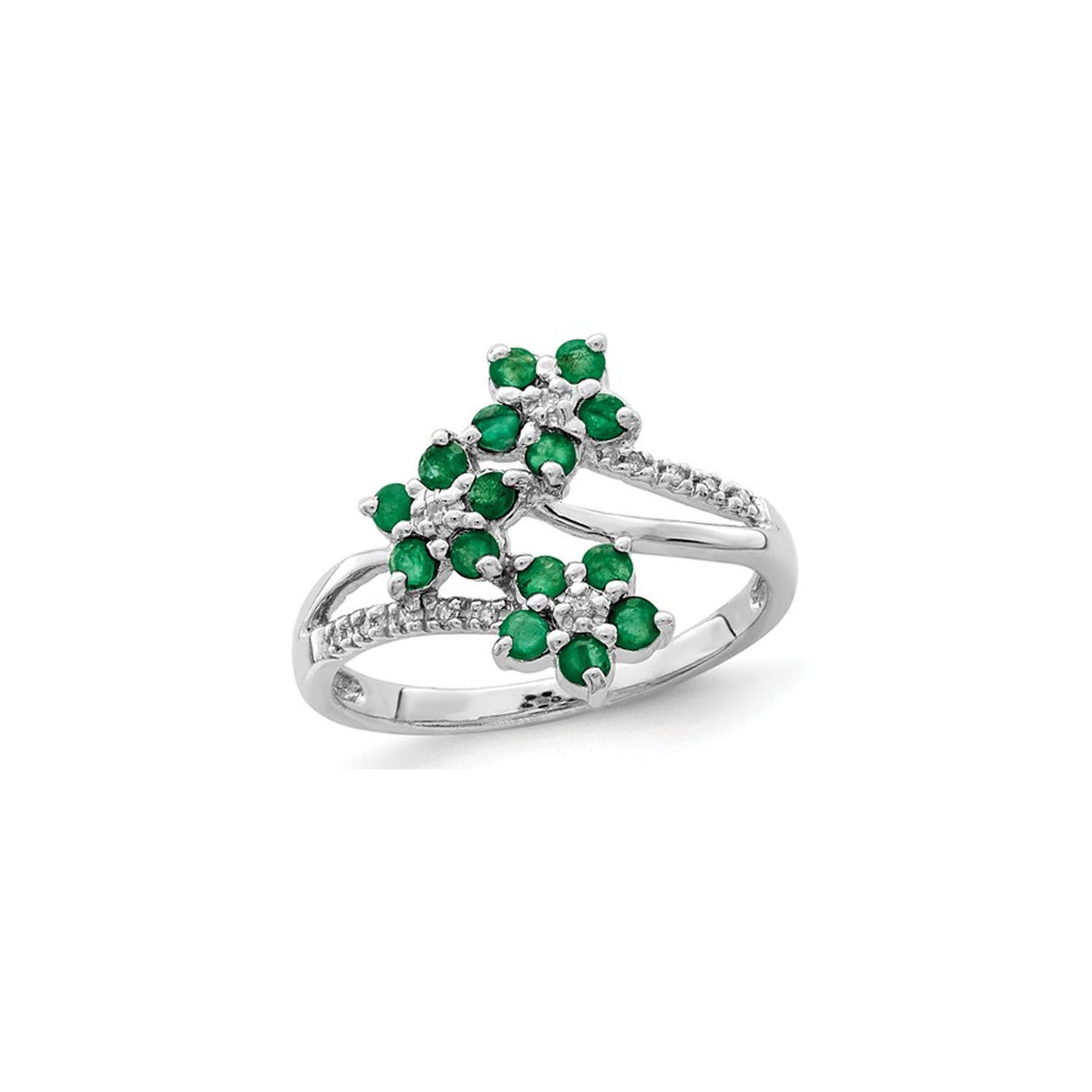 3/5 Carat Emerald Flower Ring in Sterling Silver with Accent Diamonds