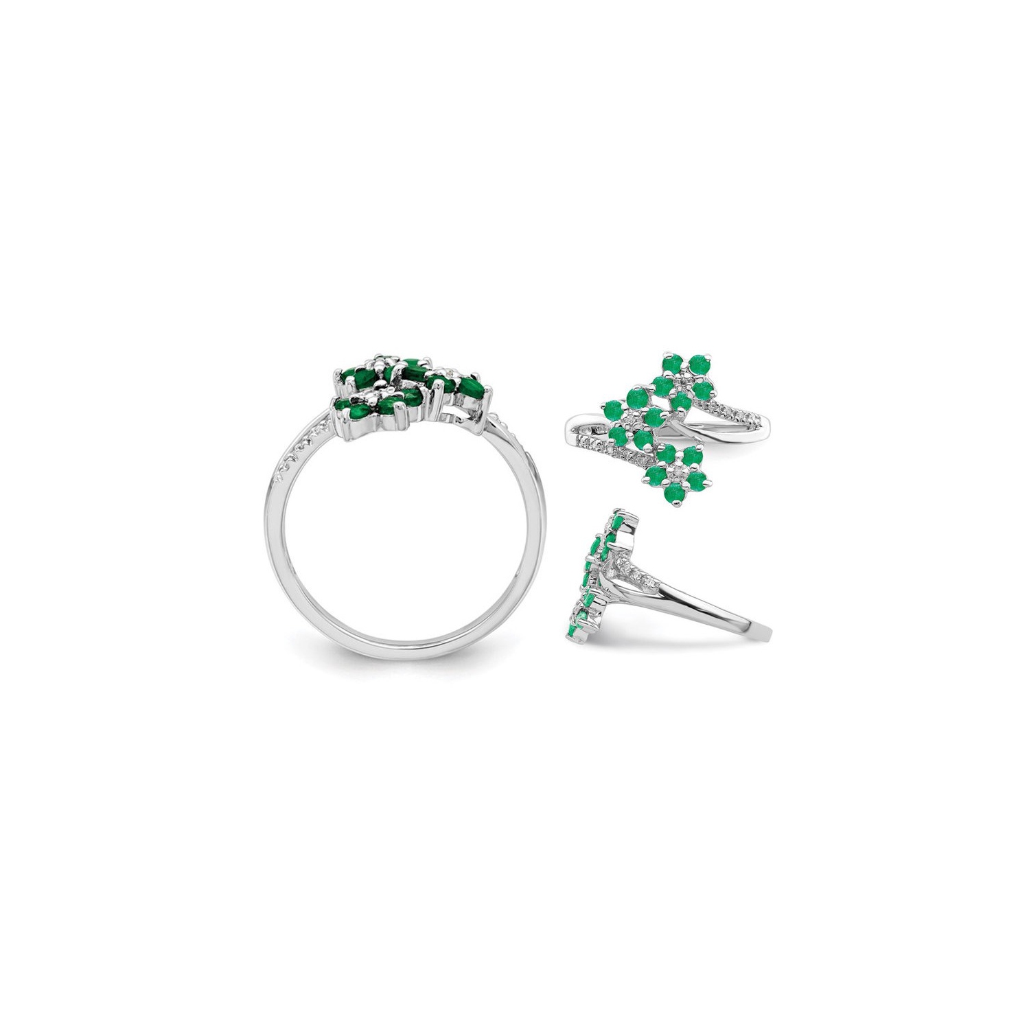 3/5 Carat Emerald Flower Ring in Sterling Silver with Accent Diamonds