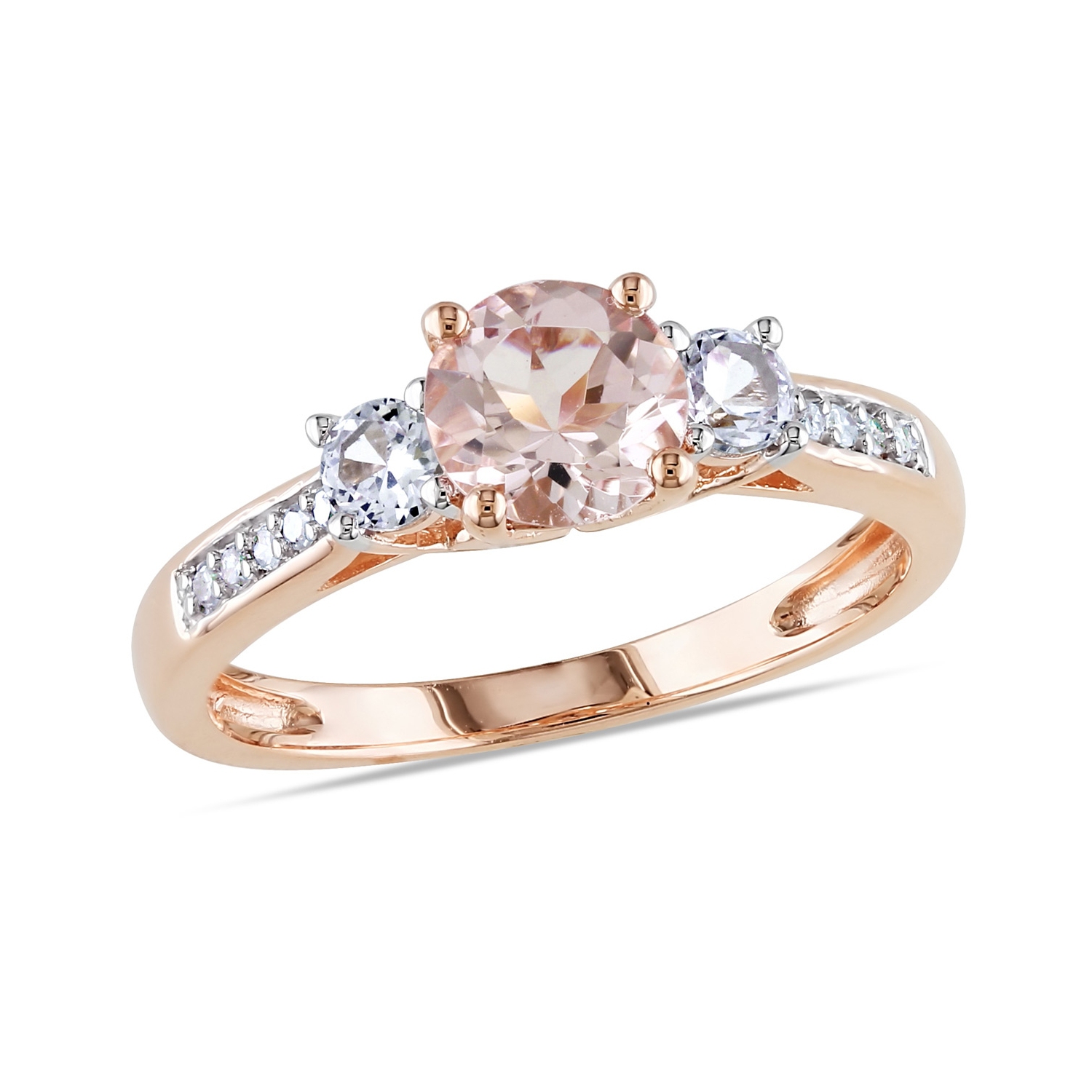 1.20 carat Morganite et laboratoire créé en saphir blanc trois anneau de pierre avec diamants à 10k rose rose or