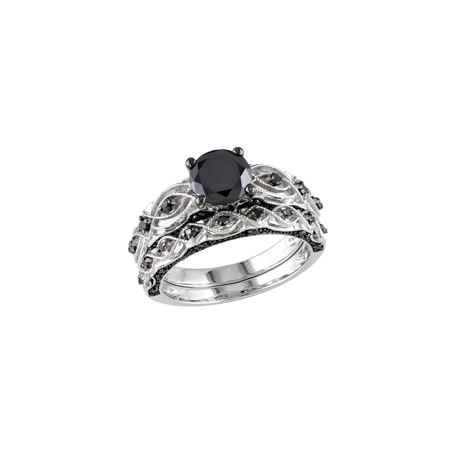 1.39 Carat Black Diamond Engagement Ring and Wedding Band Set in 10K White Gold