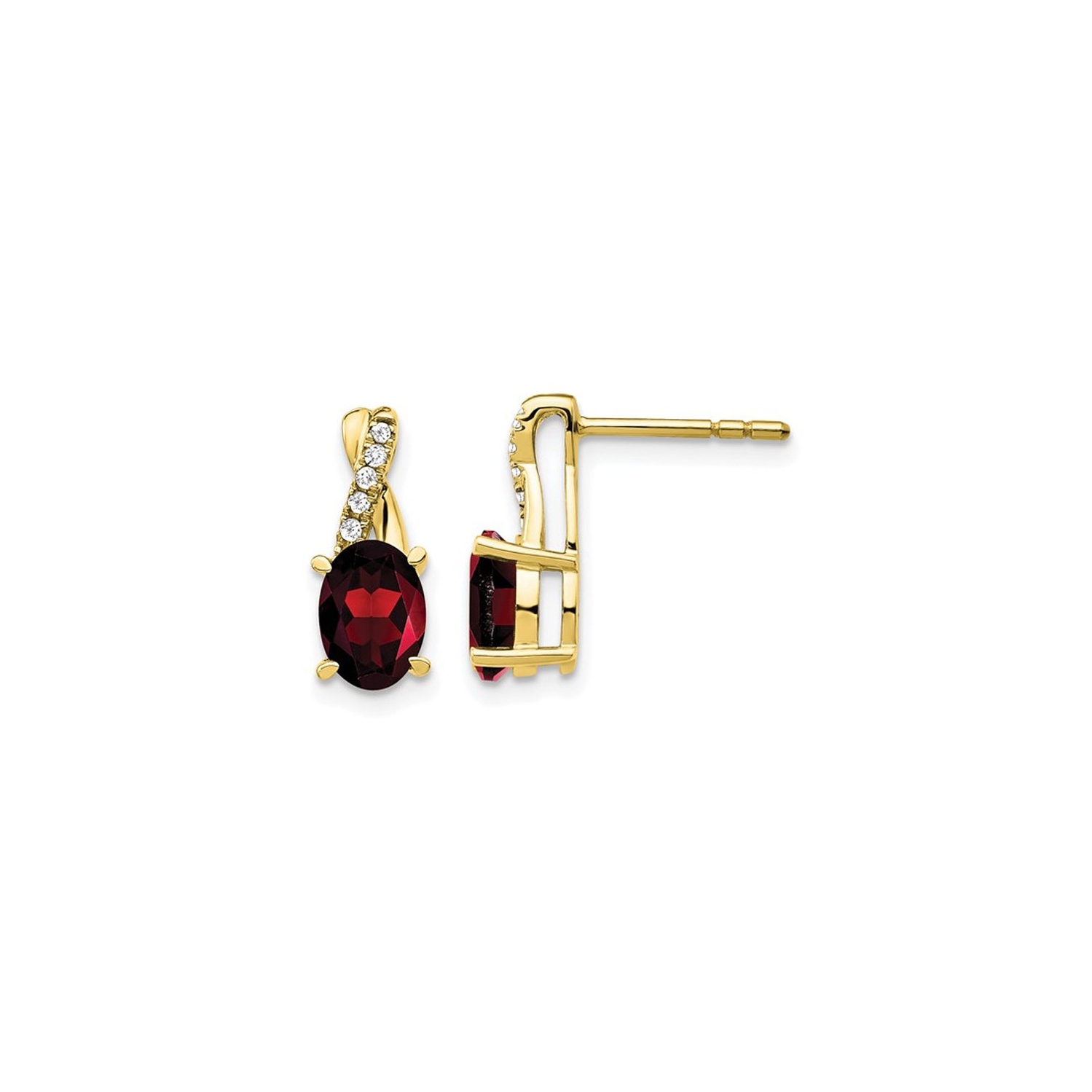 10K Yellow Gold Oval-Cut Post Button Garnet Earrings 1.50 Carat with Accent Diamonds