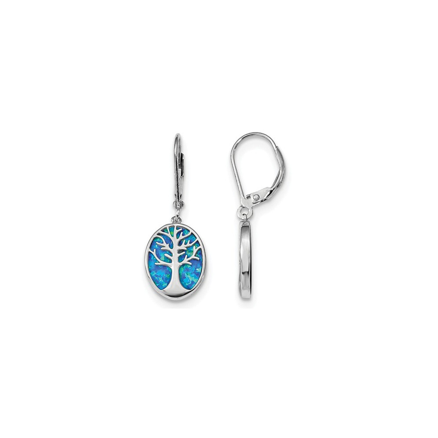 Synthetic Blue Opal Tree of Life Leverback Earrings in Sterling Silver