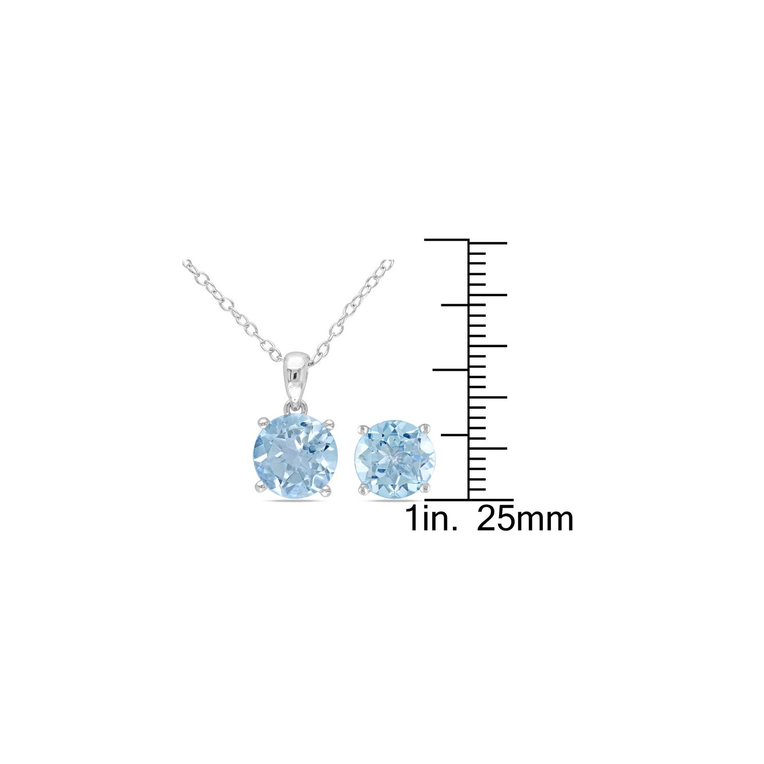 6.35 Carat Blue Topaz 8mm Solitaire Earrings and Pendant Set n Sterling Silver with Chain