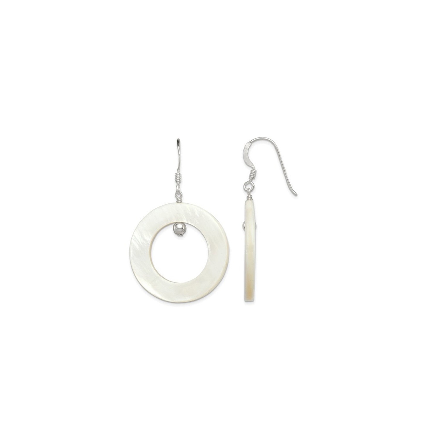 White Mother of Pearl Circle Dangle Earrings in Sterling Silver