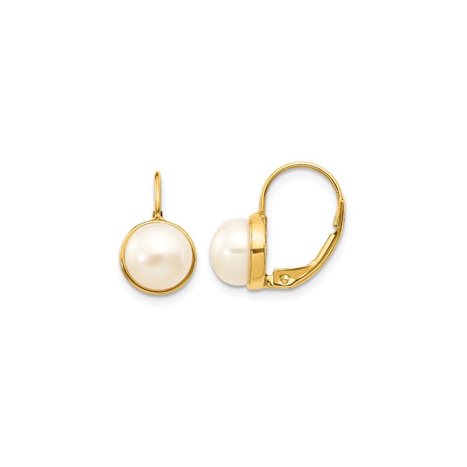 Boucles d'oreilles, fermoir à levier, or jaune 14 K, perle blanche de culture d'eau douce