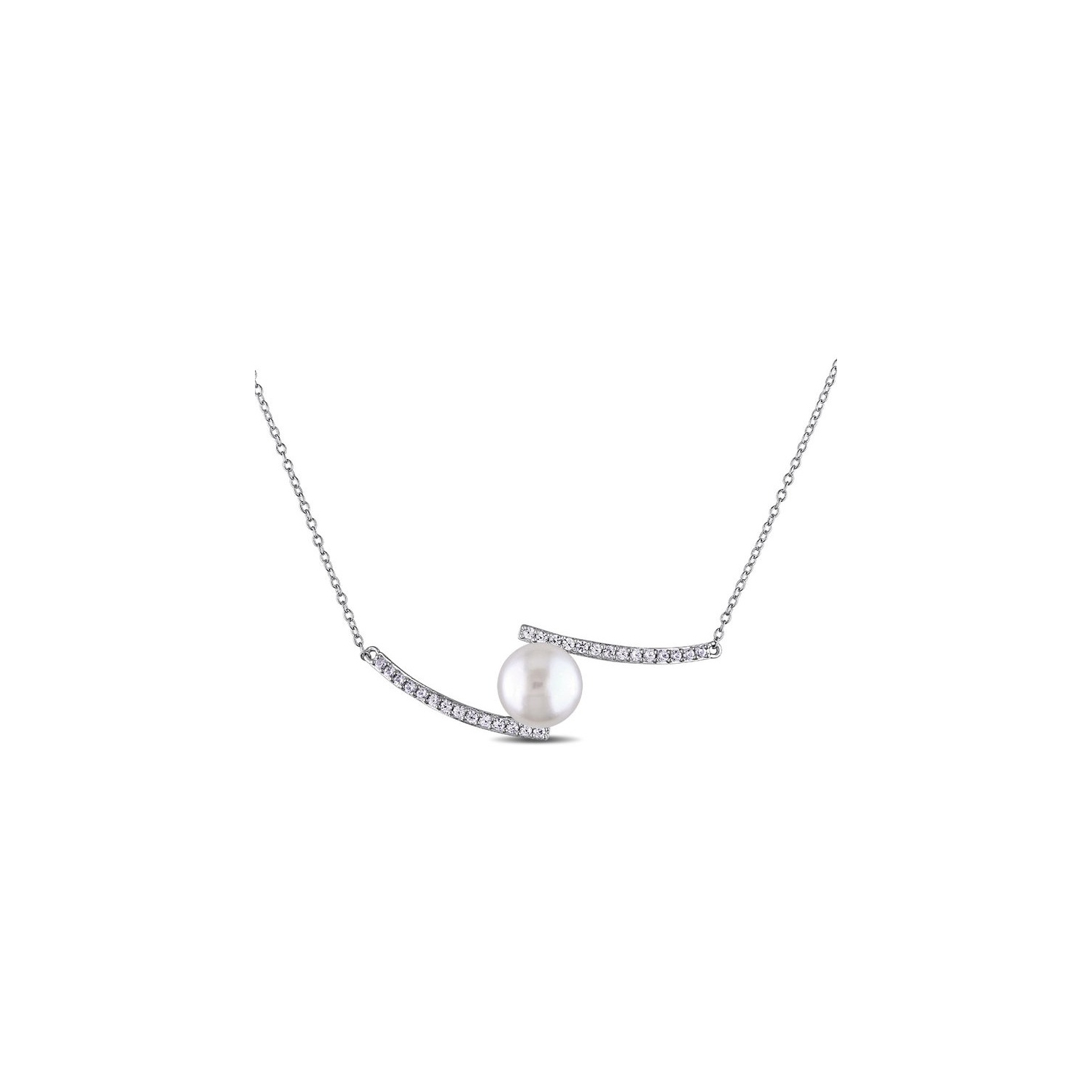 White Freshwater Cultured Pearl 10-10.5mm and Created White Sapphire Bypass Necklace In Sterling Silver