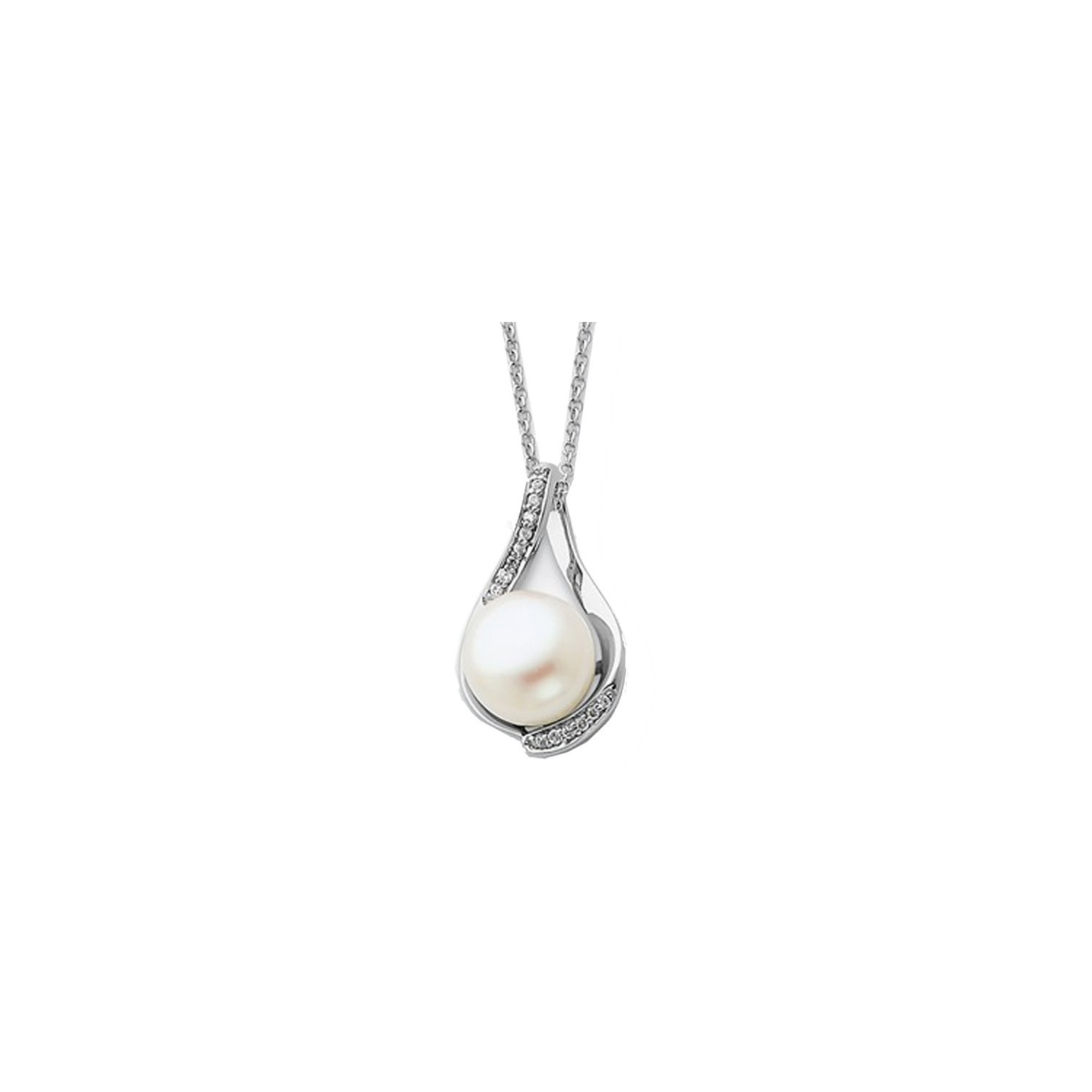 Solitaire White Cultured Freshwater Pearl Pendant Necklace in Sterling Silver with Chain