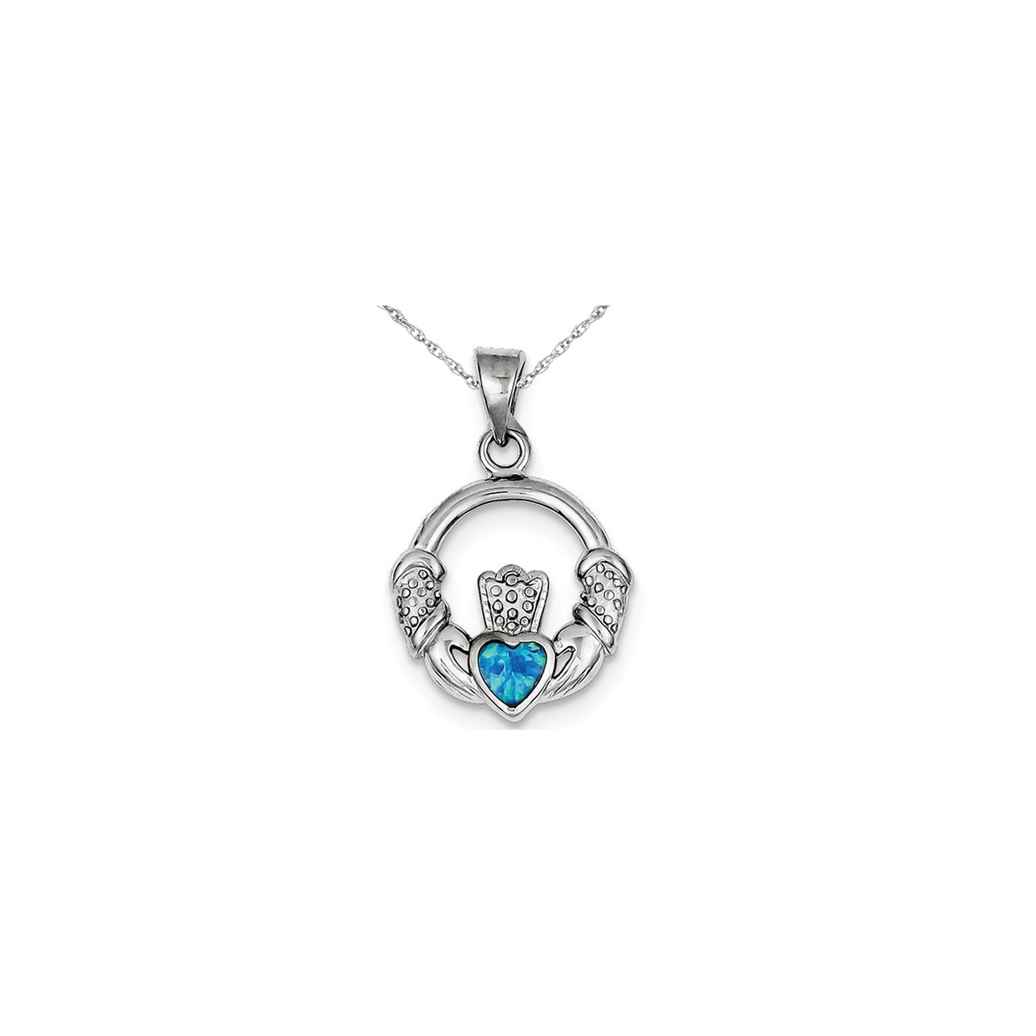 Lab-Created Blue Opal Irish Claddagh Heart Pendant Necklace in Sterling Silver with Chain