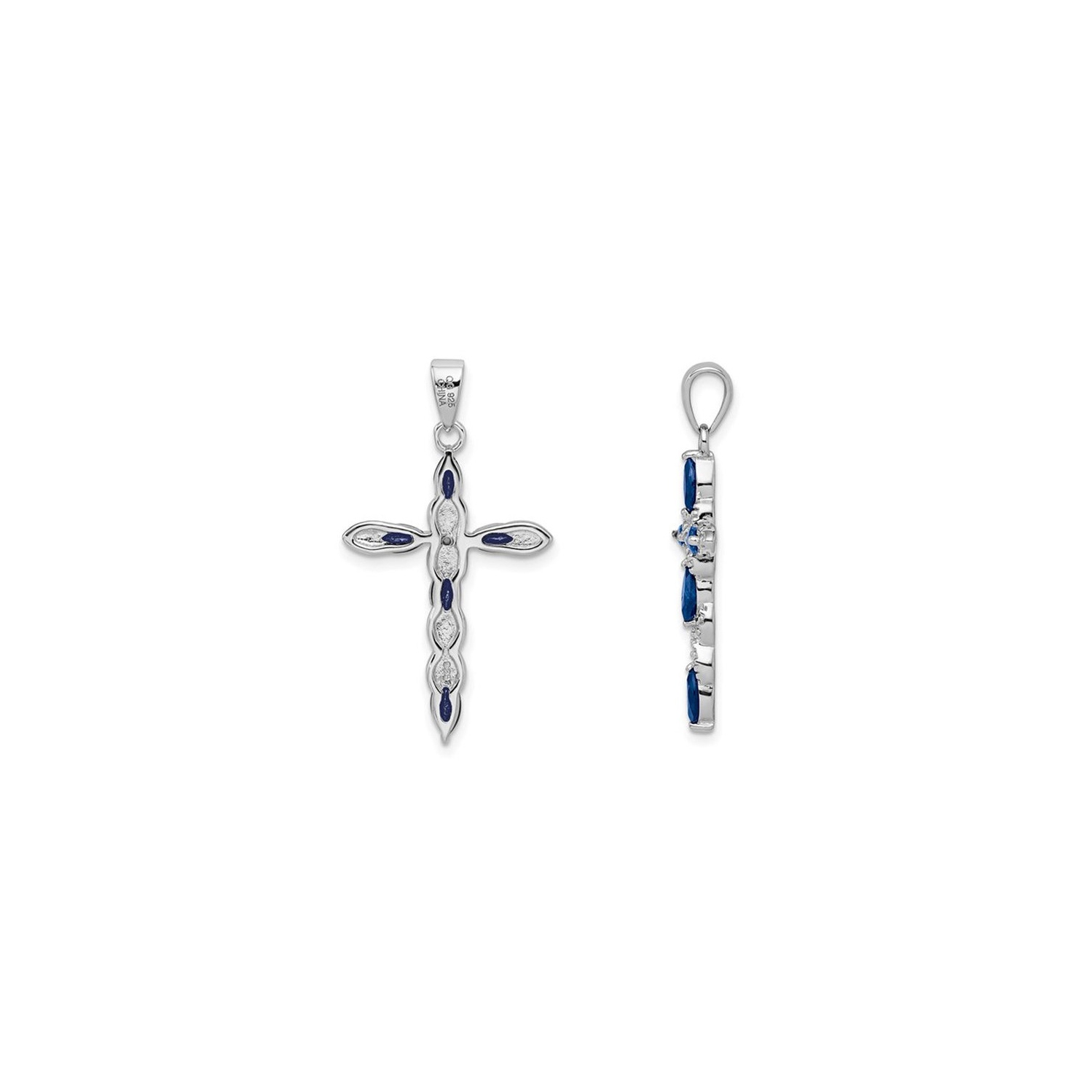 9/10 Carat Natural Dark Blue Sapphire Cross Pendant Necklace in Sterling Silver with Chain