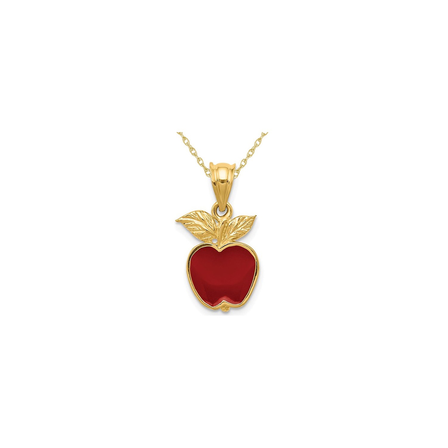 14K Yellow Gold Red Enamel Apple Charm Pendant Necklace with Chain