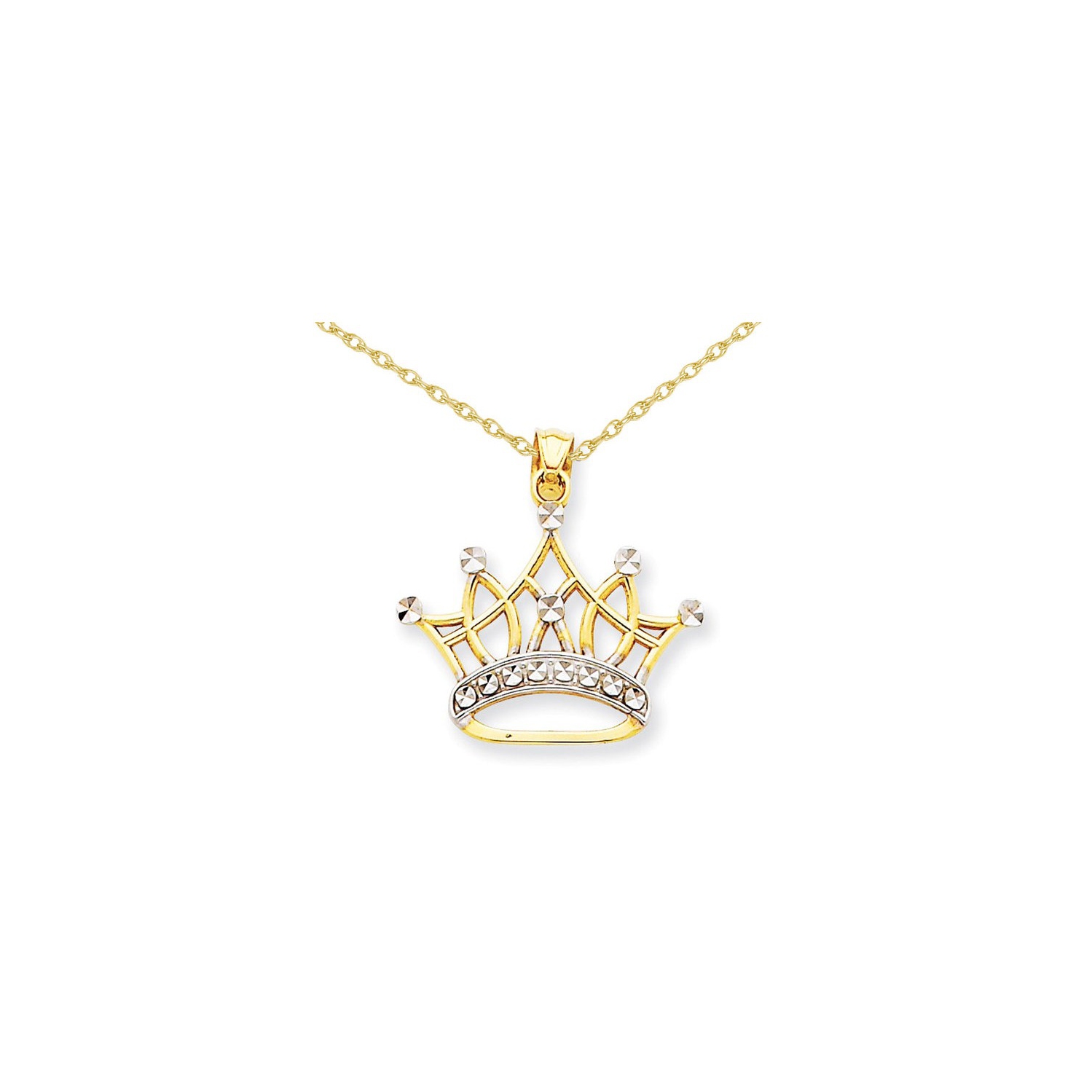 Collier à pendentif en forme de couronne, or jaune et blanc 14 K et chaîne