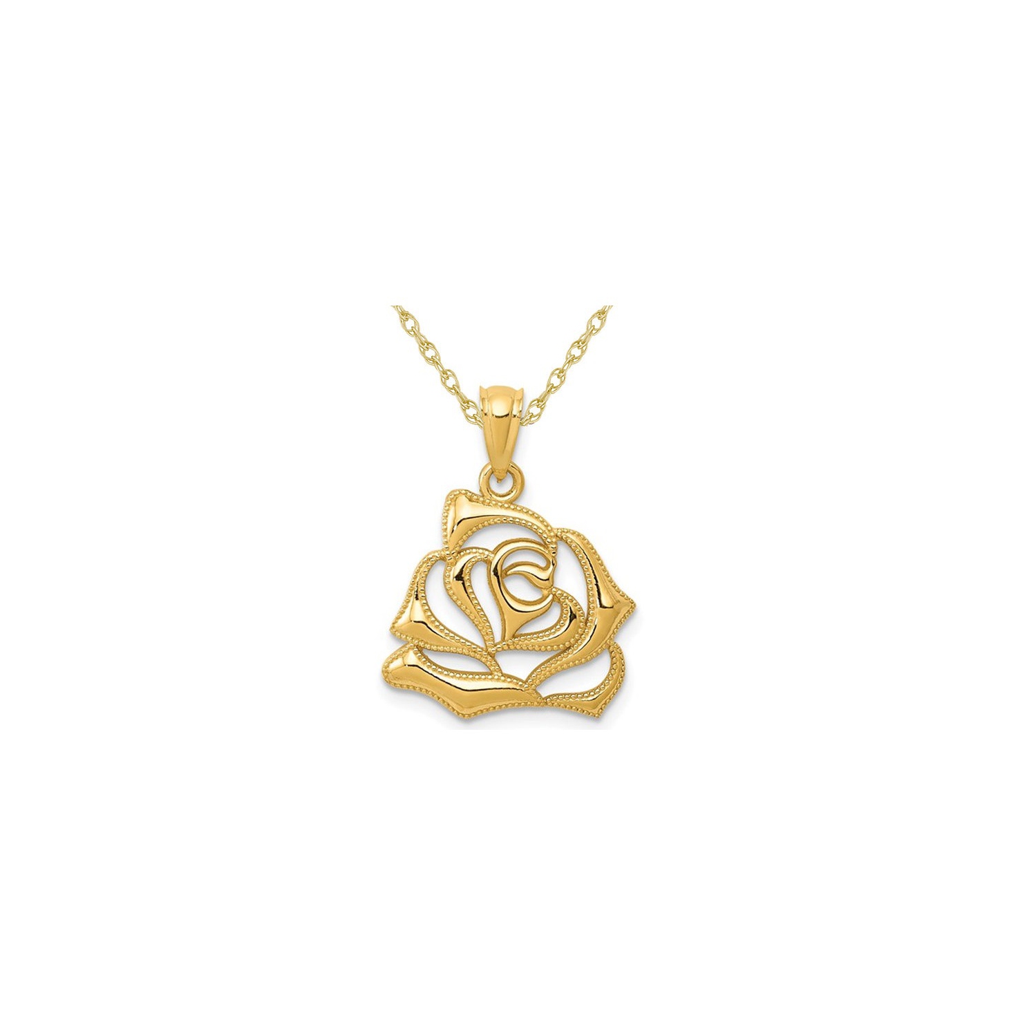 14K Yellow Gold Polished Open Rose Flower Pendant Necklace with