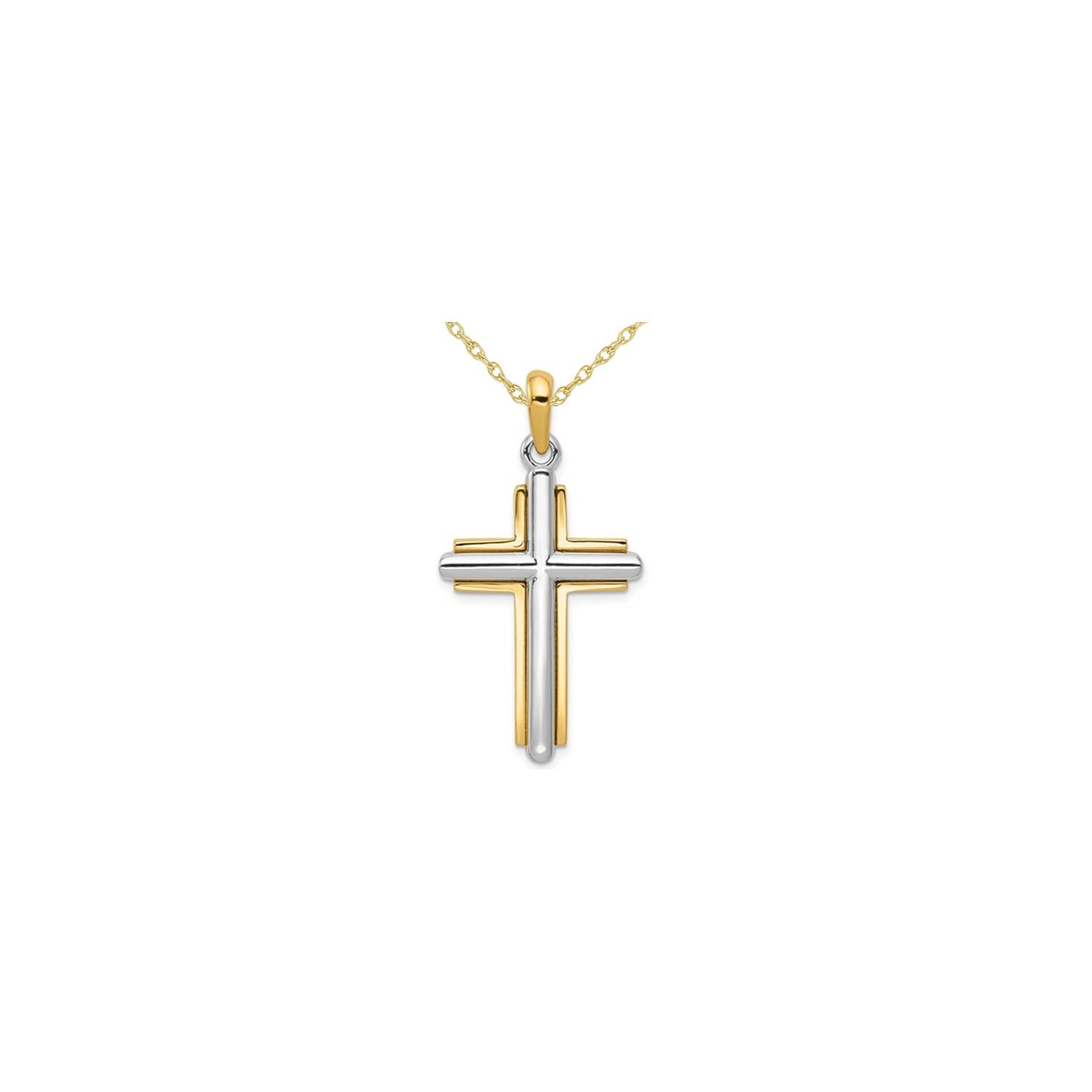 14K Yellow and White Gold Cross Pendant Necklace with Chain
