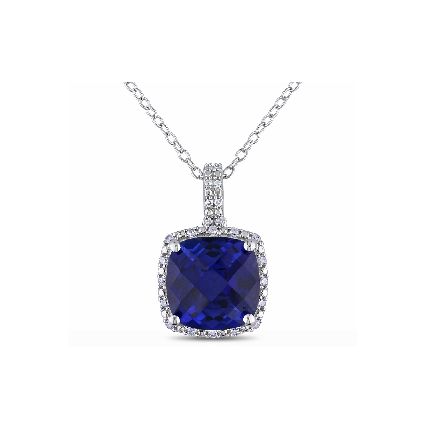 5.85 Carat Lab-Created Blue Sapphire & Diamond Pendant Necklace in Sterling Silver with Chain