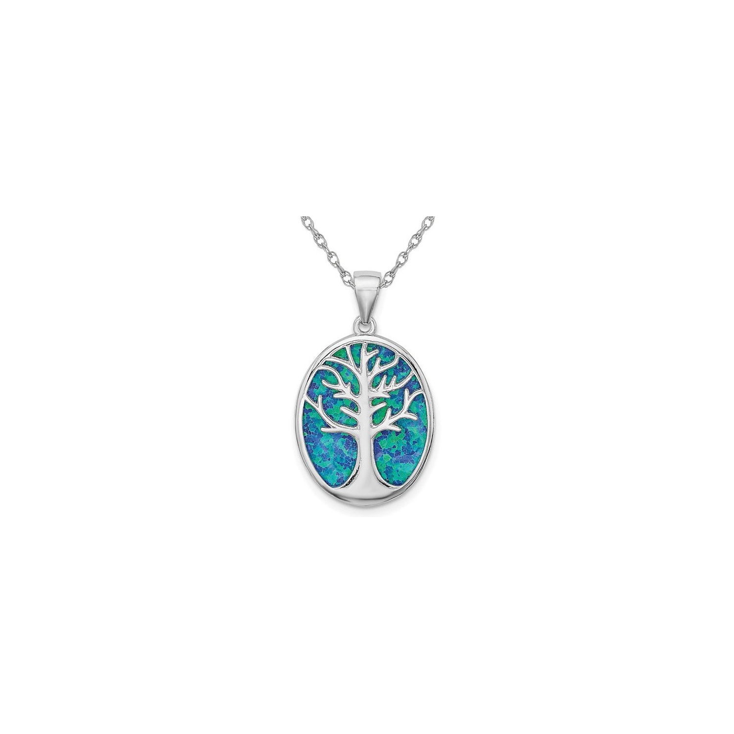 Lab Created Blue Opal Tree of Life Pendant Necklace in Sterling Silver with Chain