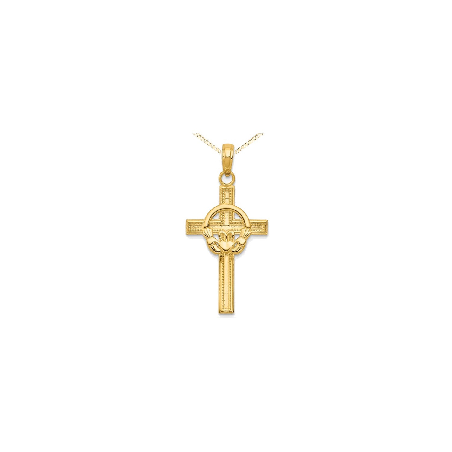 14K Yellow Gold Polished Claddagh Cross Pendant Necklace with Chain