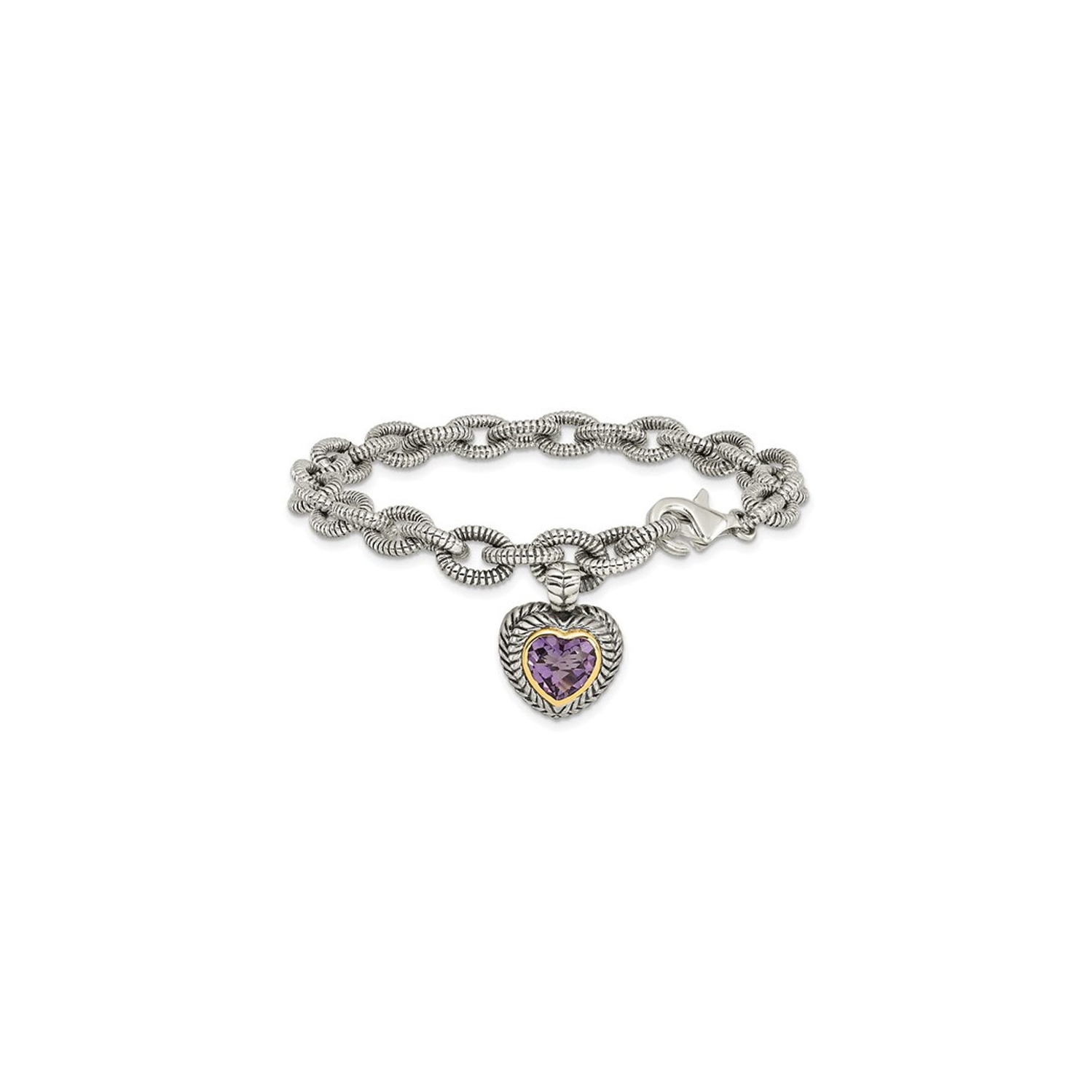Bracelet en argent sterling à maillons en coeur avec améthyste 1.39 ct