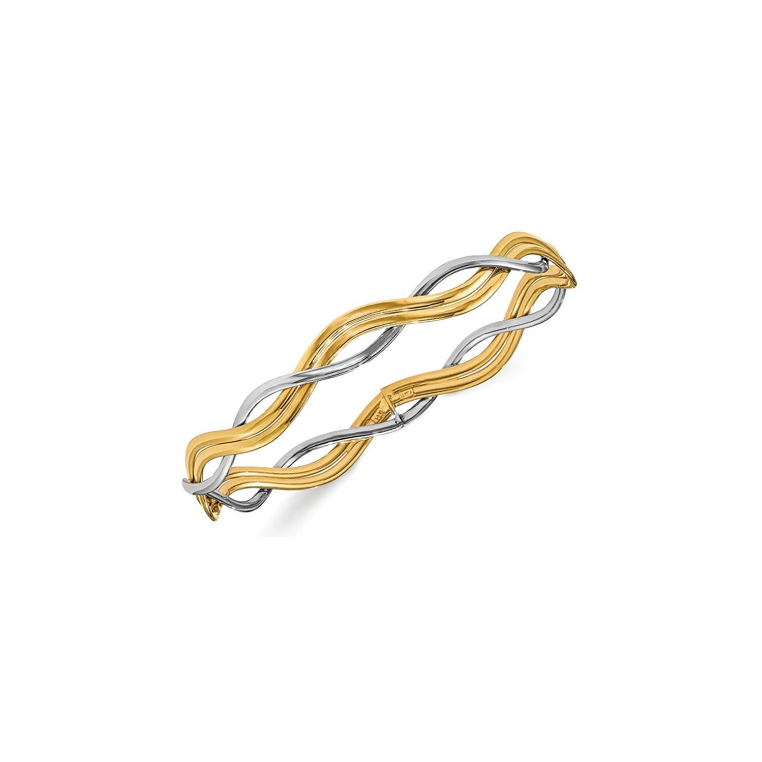 Bracelet jonc tressé poli, or blanc et jaune 14 K
