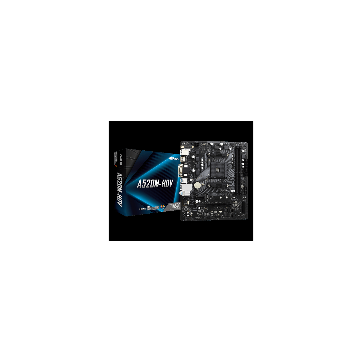 ASRock A520M-HDV Micro ATX Motherboard - Socket AM4 - AMD A520 Chipset - Supports DDR4-4733+(OC) - 1x PCIe 3.0 x16 - 1x PCIe 3.0 x1 - 1x M.2 Socket3 - DVI-D - D-Sub - HDMI 2.1 - USB 3.2 Gen1 Type-A -