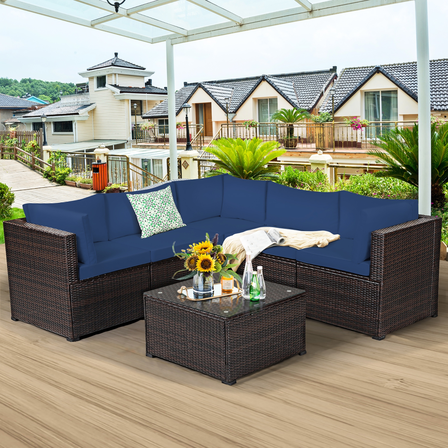Costway 6PCS Patio Rattan Furniture Set Sectional Cushioned Sofa Deck