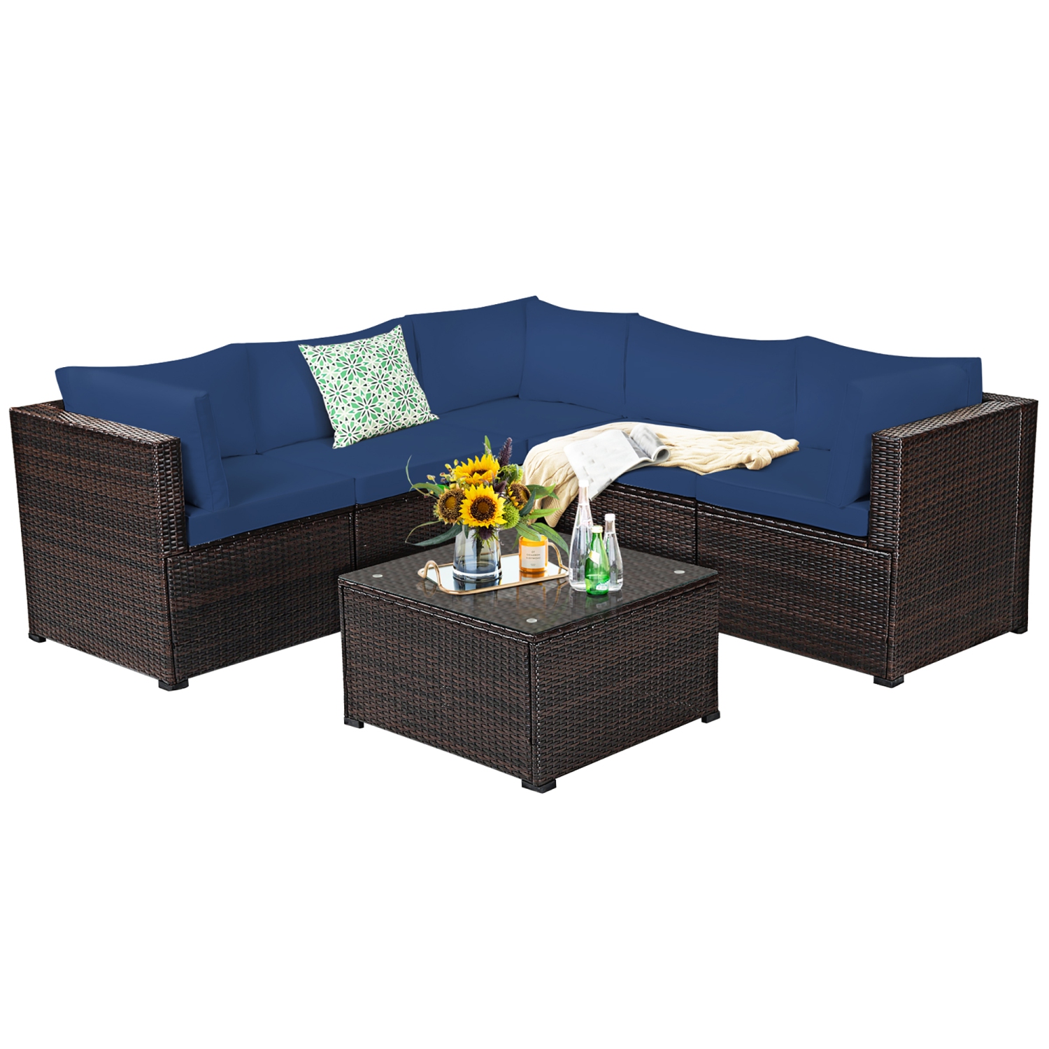 Costway 6PCS Patio Rattan Furniture Set Sectional Cushioned Sofa Deck