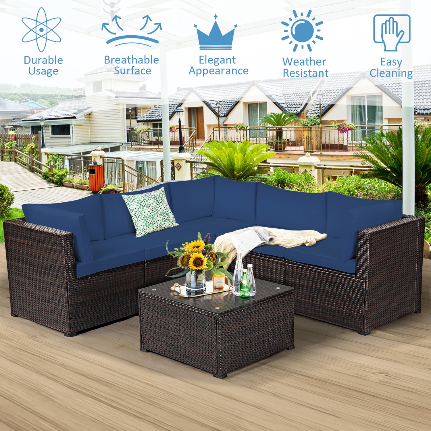 Costway 6PCS Patio Rattan Furniture Set Sectional Cushioned Sofa Deck