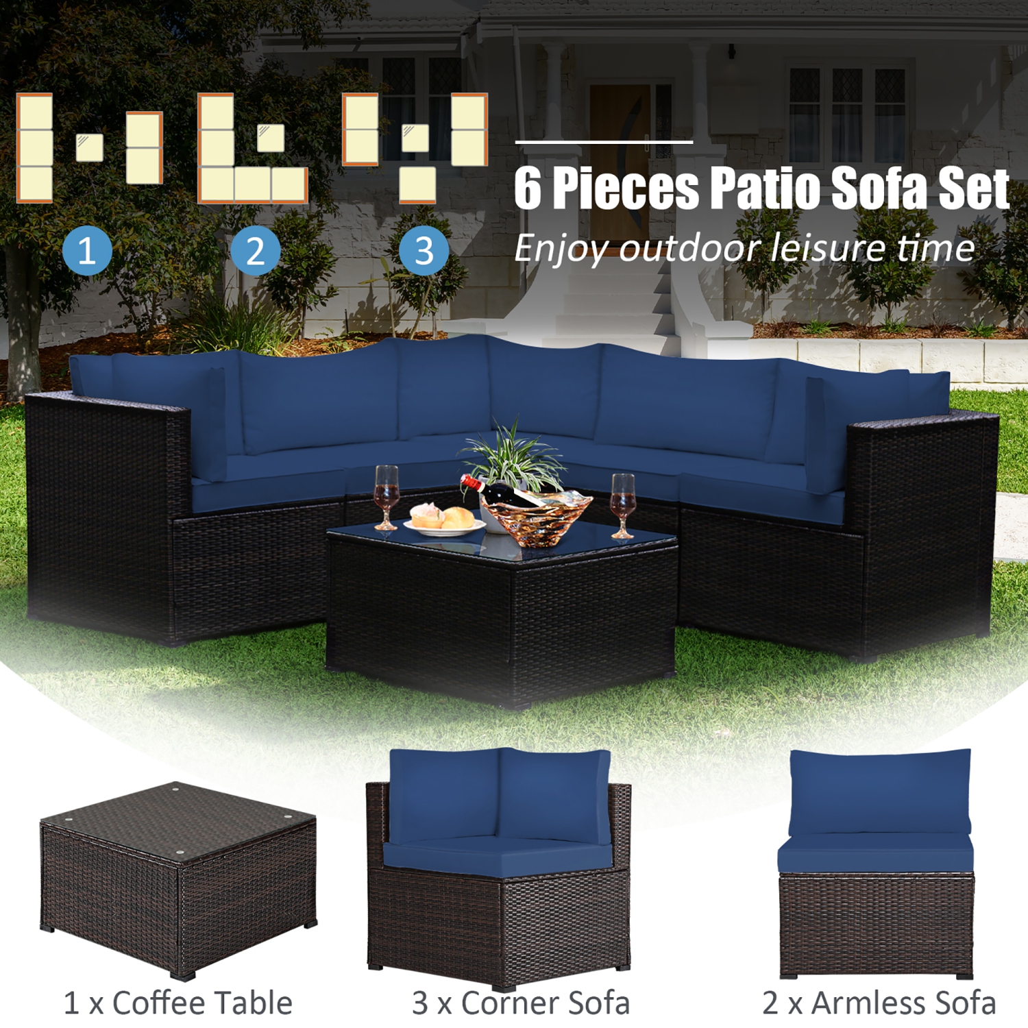 Costway 6PCS Patio Rattan Furniture Set Sectional Cushioned Sofa Deck