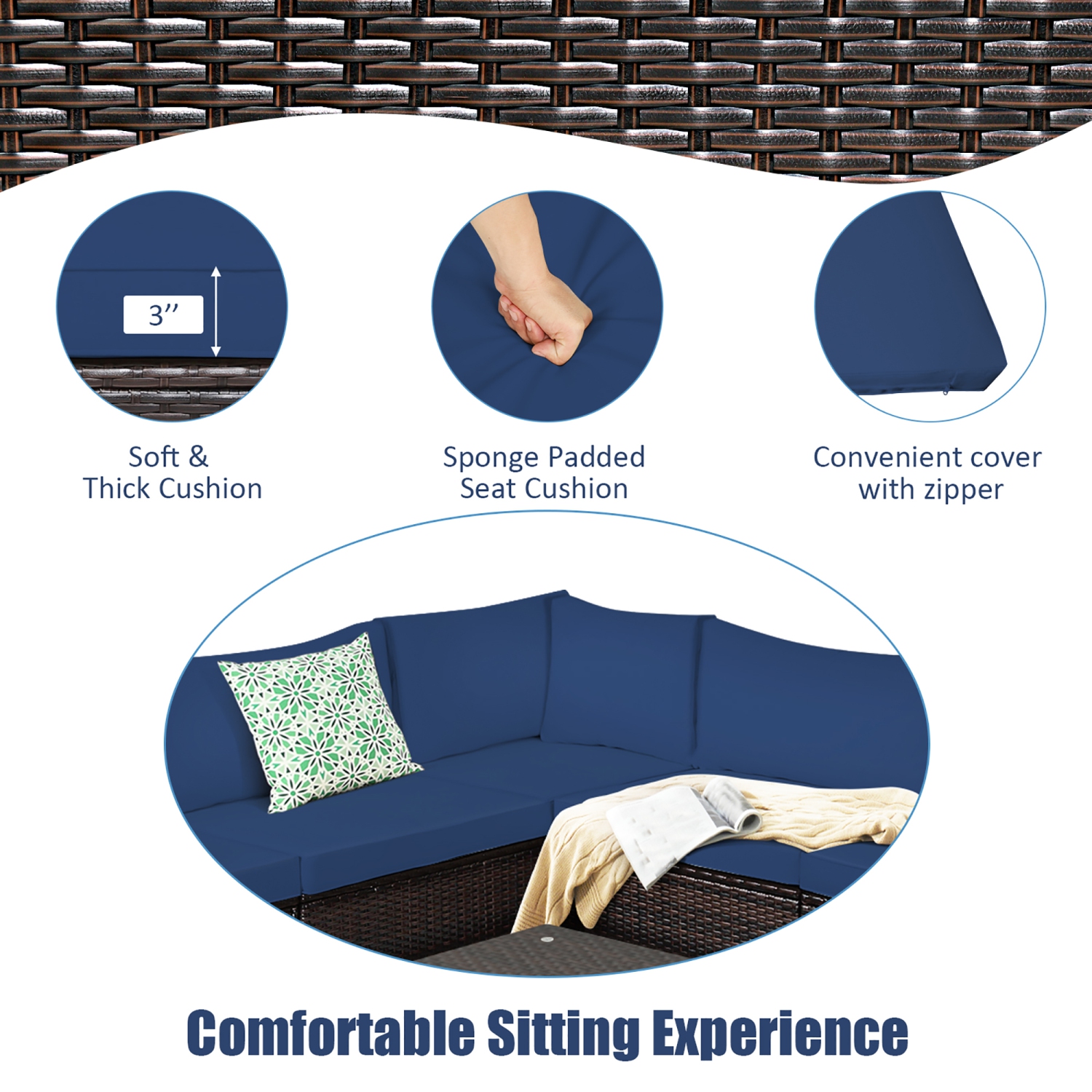 Costway 6PCS Patio Rattan Furniture Set Sectional Cushioned Sofa Deck