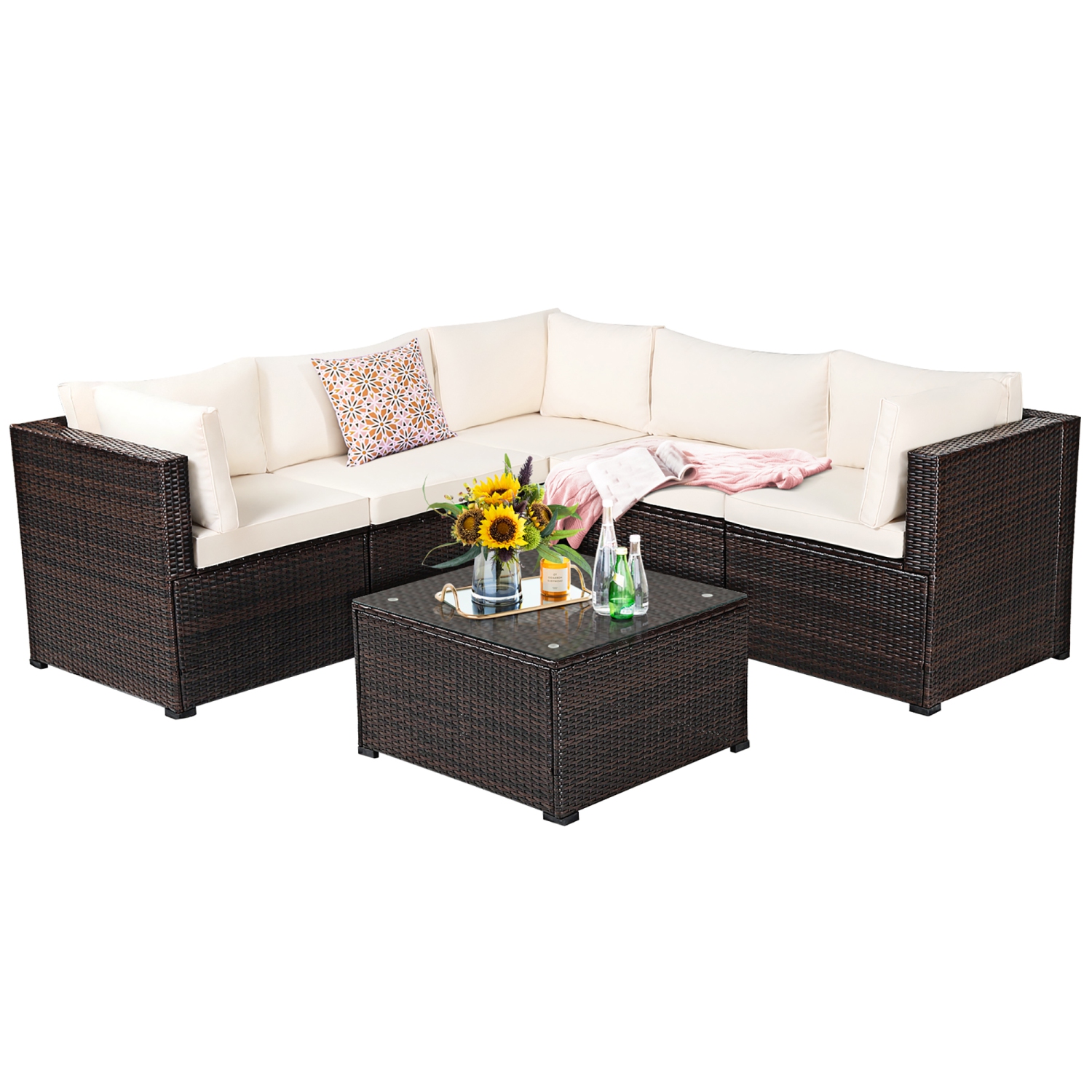 Costway 6PCS Patio Rattan Furniture Set Sectional Cushioned Sofa Deck