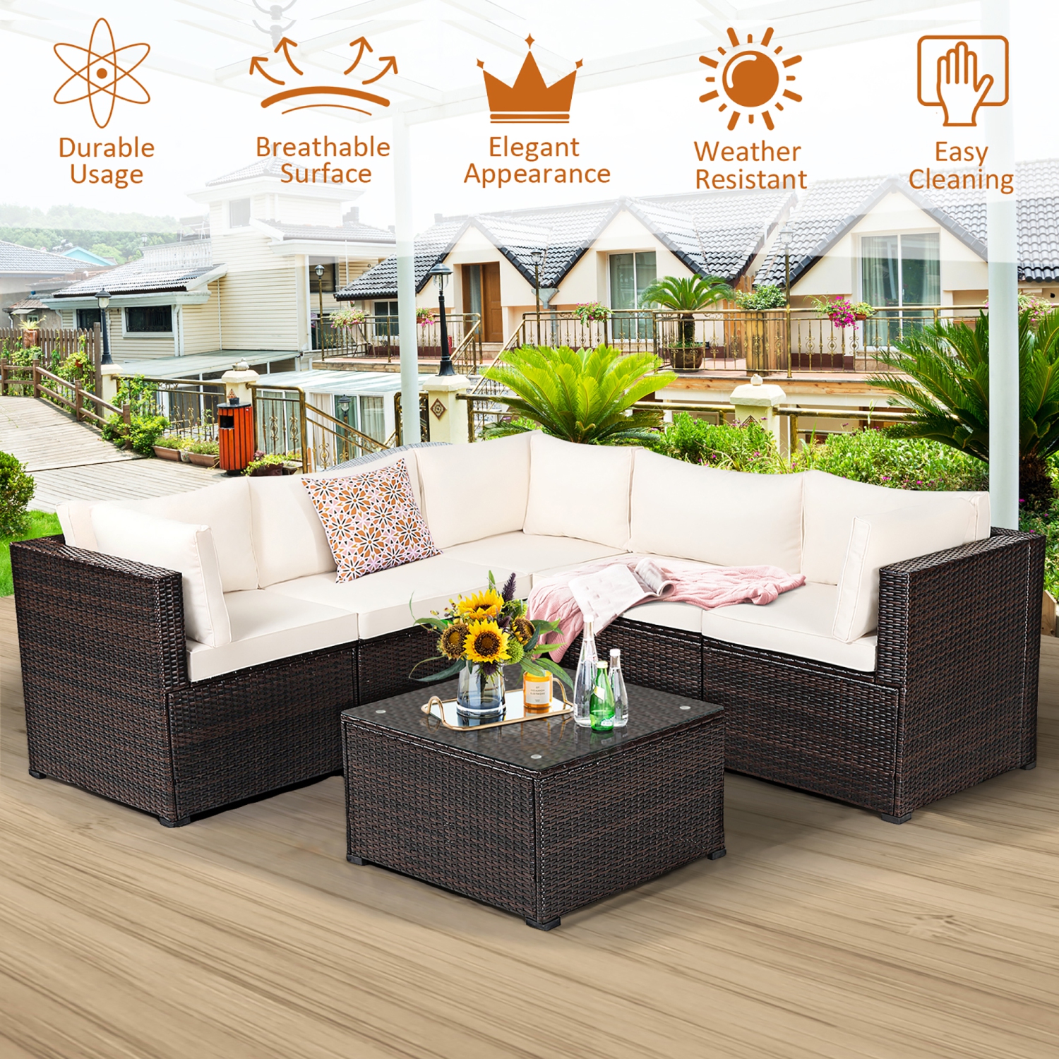 Costway 6PCS Patio Rattan Furniture Set Sectional Cushioned Sofa Deck