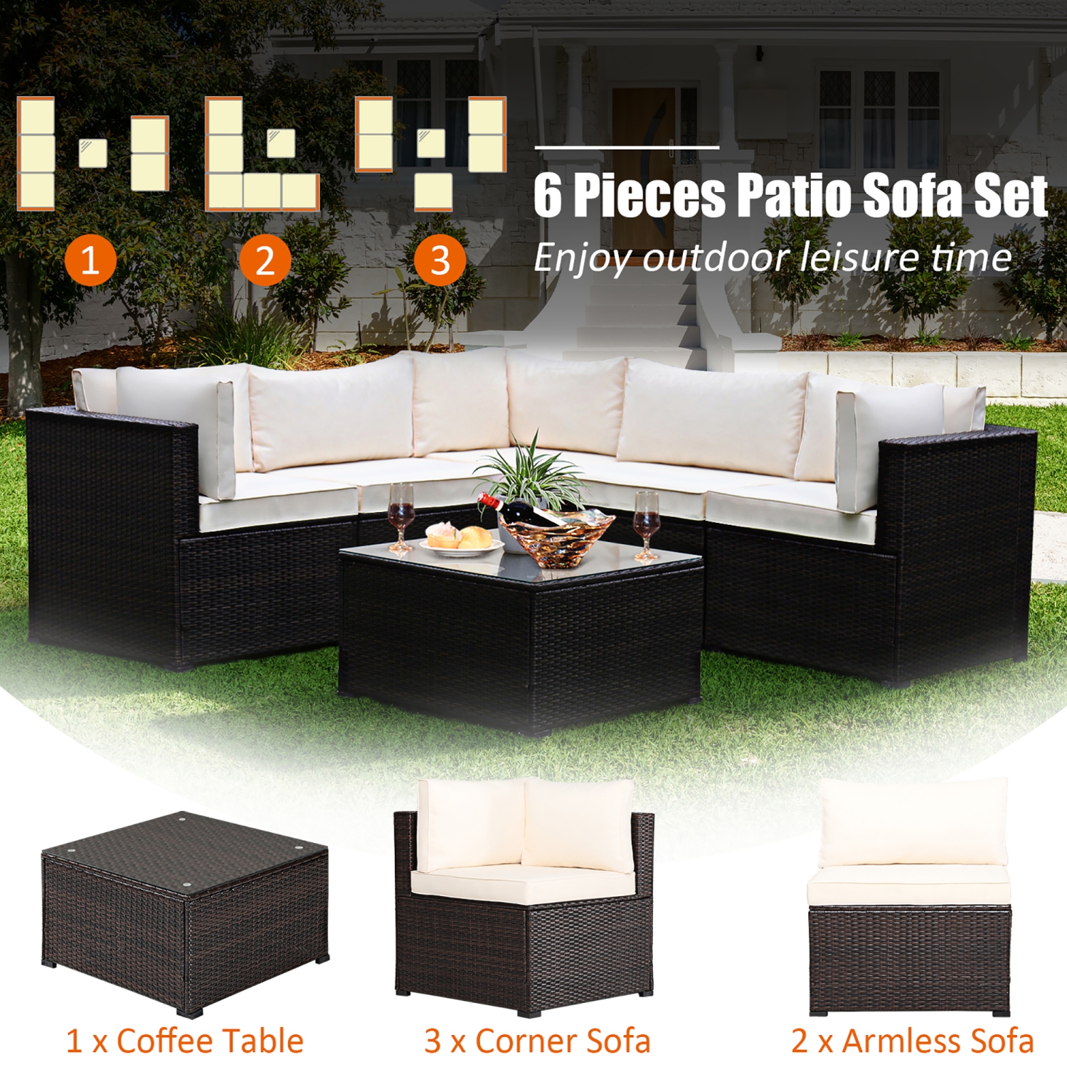 Costway 6PCS Patio Rattan Furniture Set Sectional Cushioned Sofa Deck