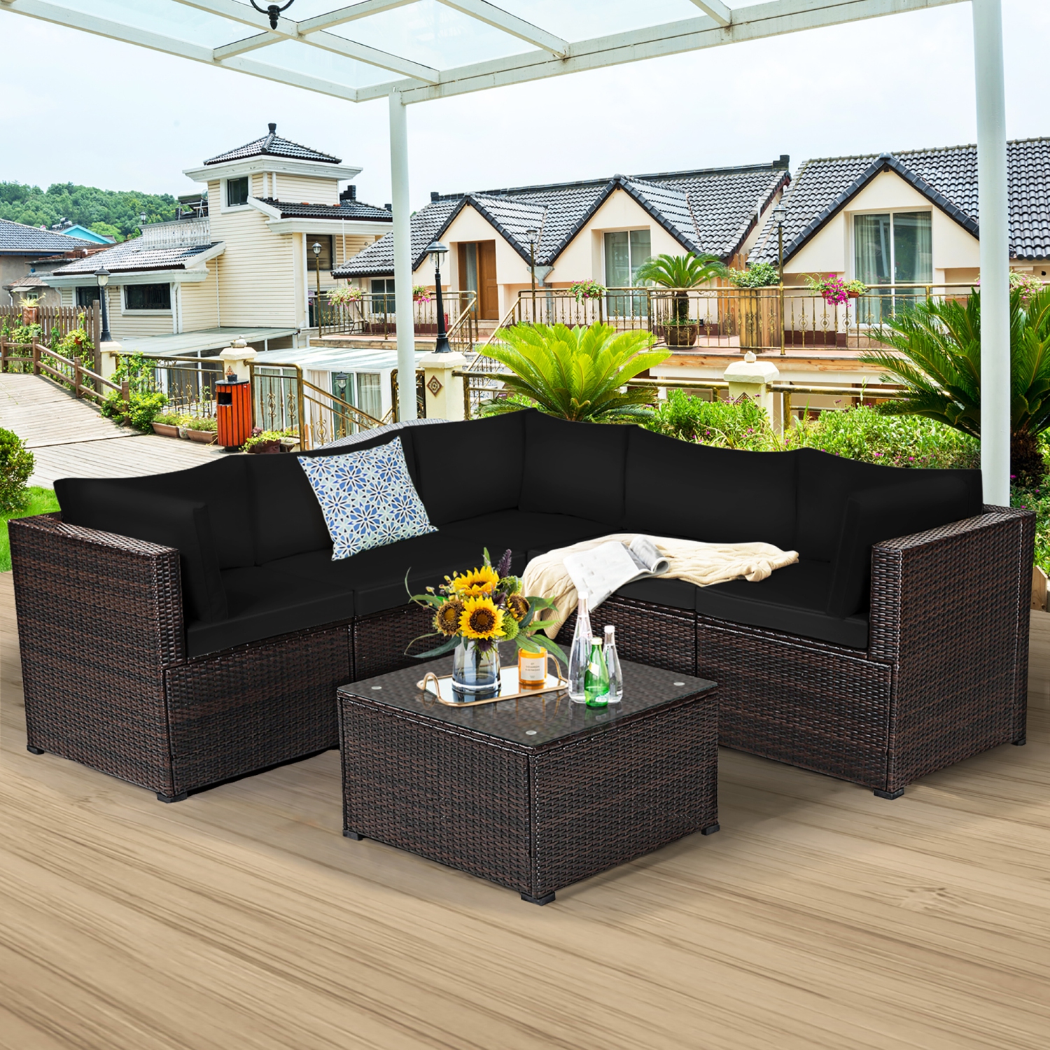 Costway 6PCS Patio Rattan Furniture Set Sectional Cushioned Sofa Deck