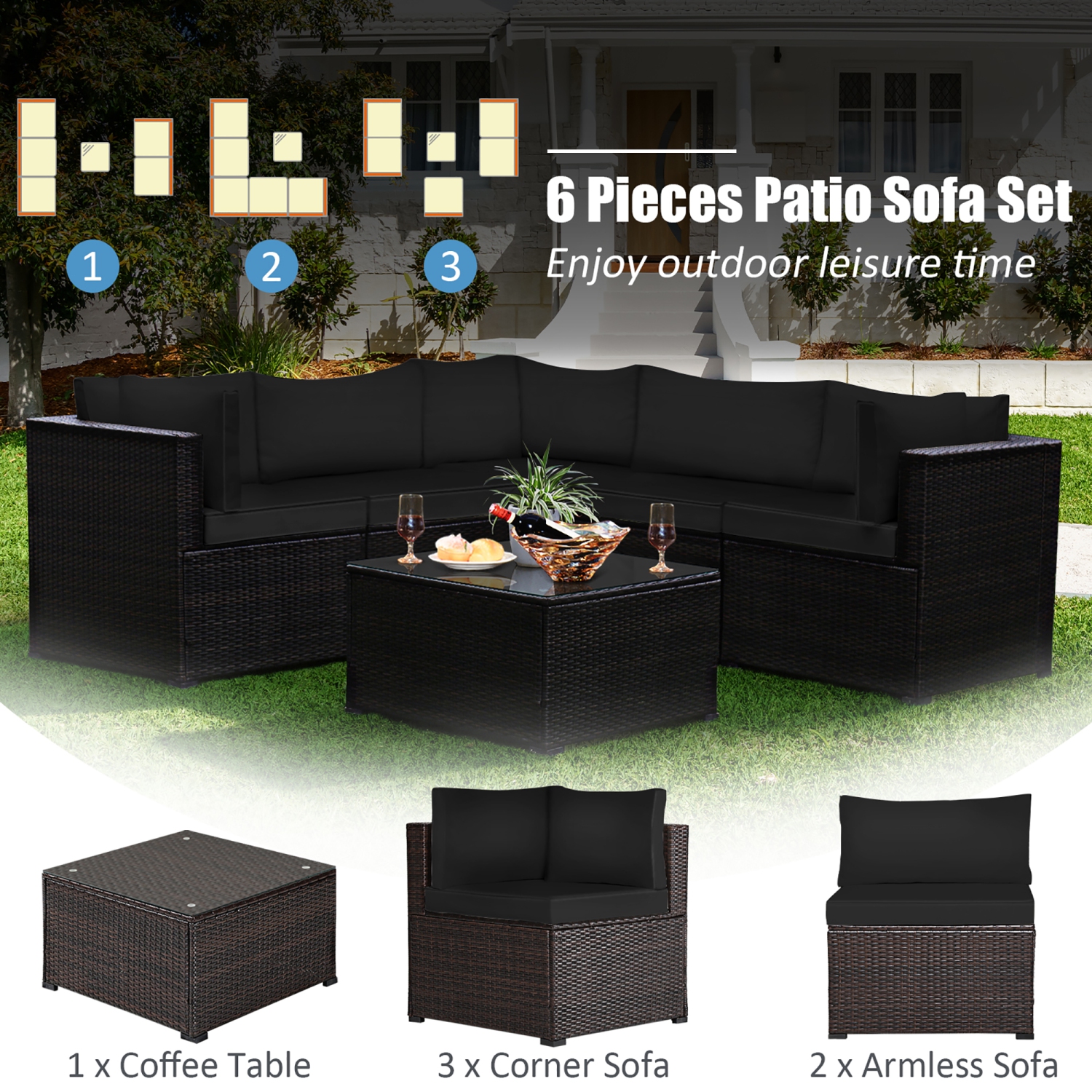 Costway 6PCS Patio Rattan Furniture Set Sectional Cushioned Sofa Deck