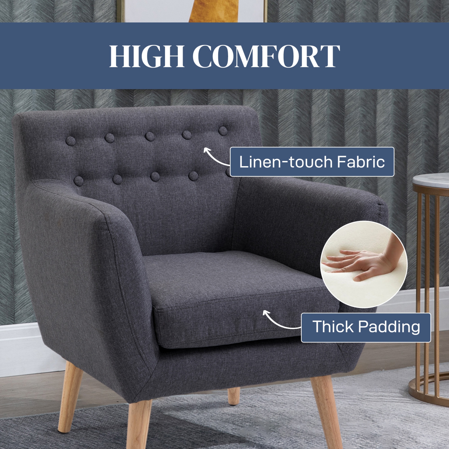 HOMCOM Mid-Century Modern Accent Chair, Linen Upholstery Armchair, Tufted Club Chair with Wood Frame and Thick Padding for Living Room, Bedroom, Dark