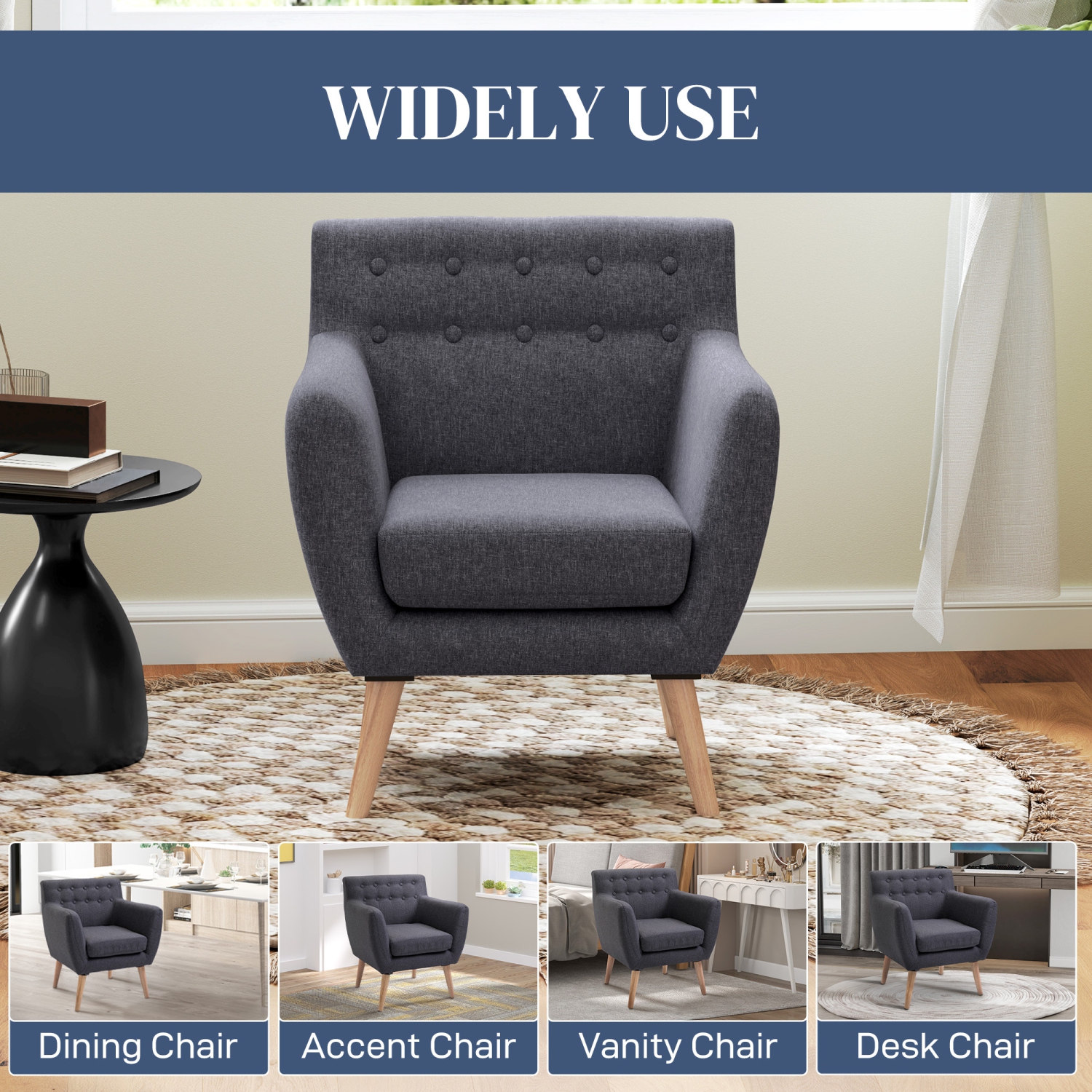 HOMCOM Mid-Century Modern Accent Chair, Linen Upholstery Armchair, Tufted Club Chair with Wood Frame and Thick Padding for Living Room, Bedroom, Dark