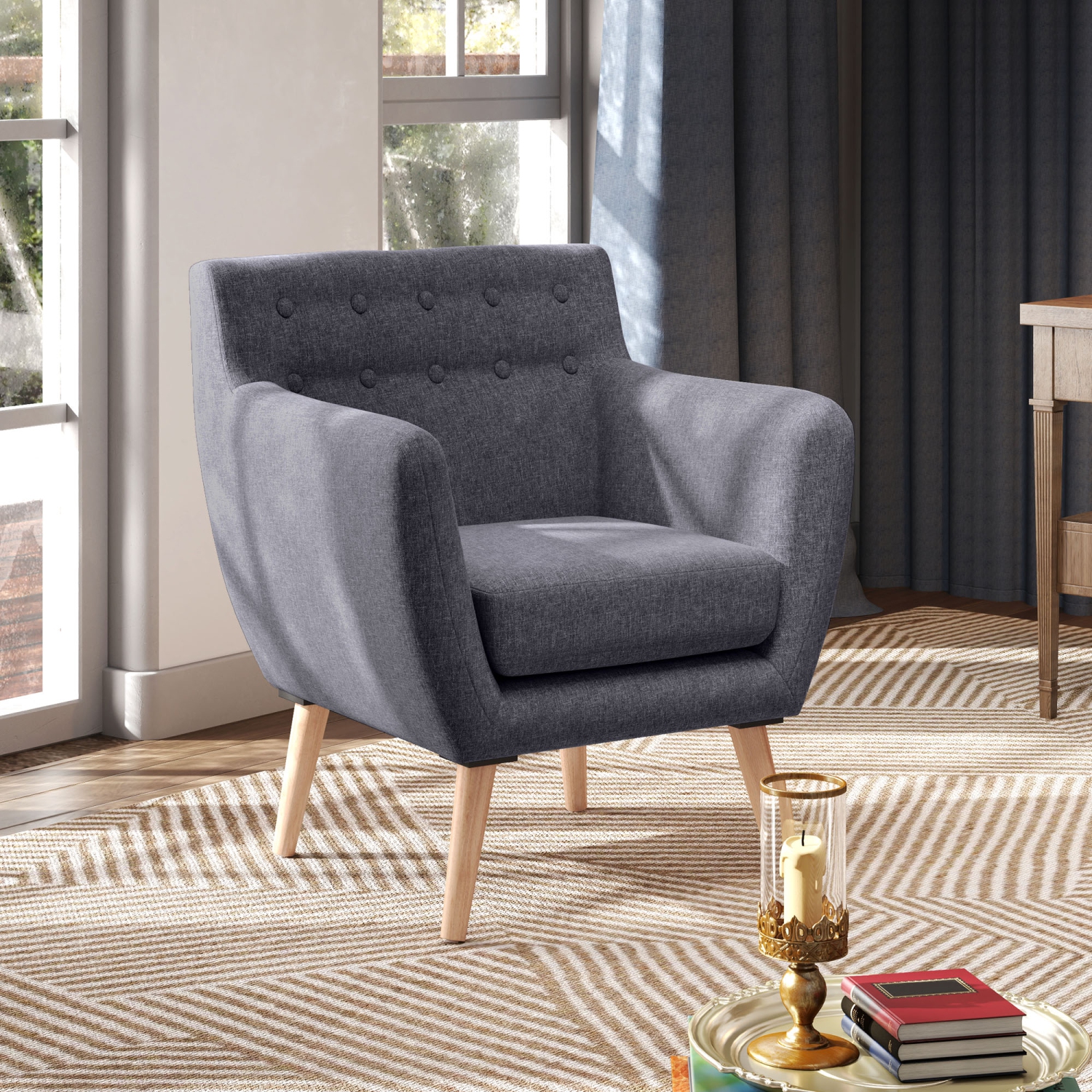 HOMCOM Mid-Century Modern Accent Chair, Linen Upholstery Armchair, Tufted Club Chair with Wood Frame and Thick Padding for Living Room, Bedroom, Dark