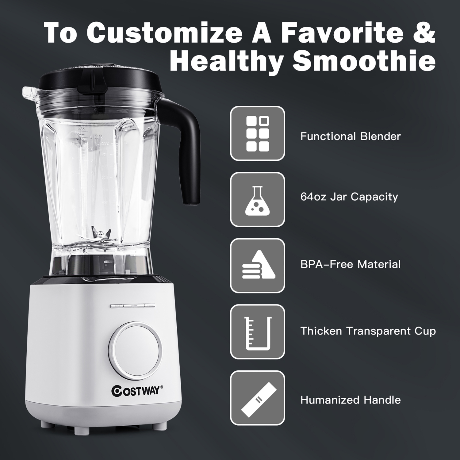 Costway 1500W Countertop Smoothies Blender 10 Speed w/ 6 Pre-Setting Programs