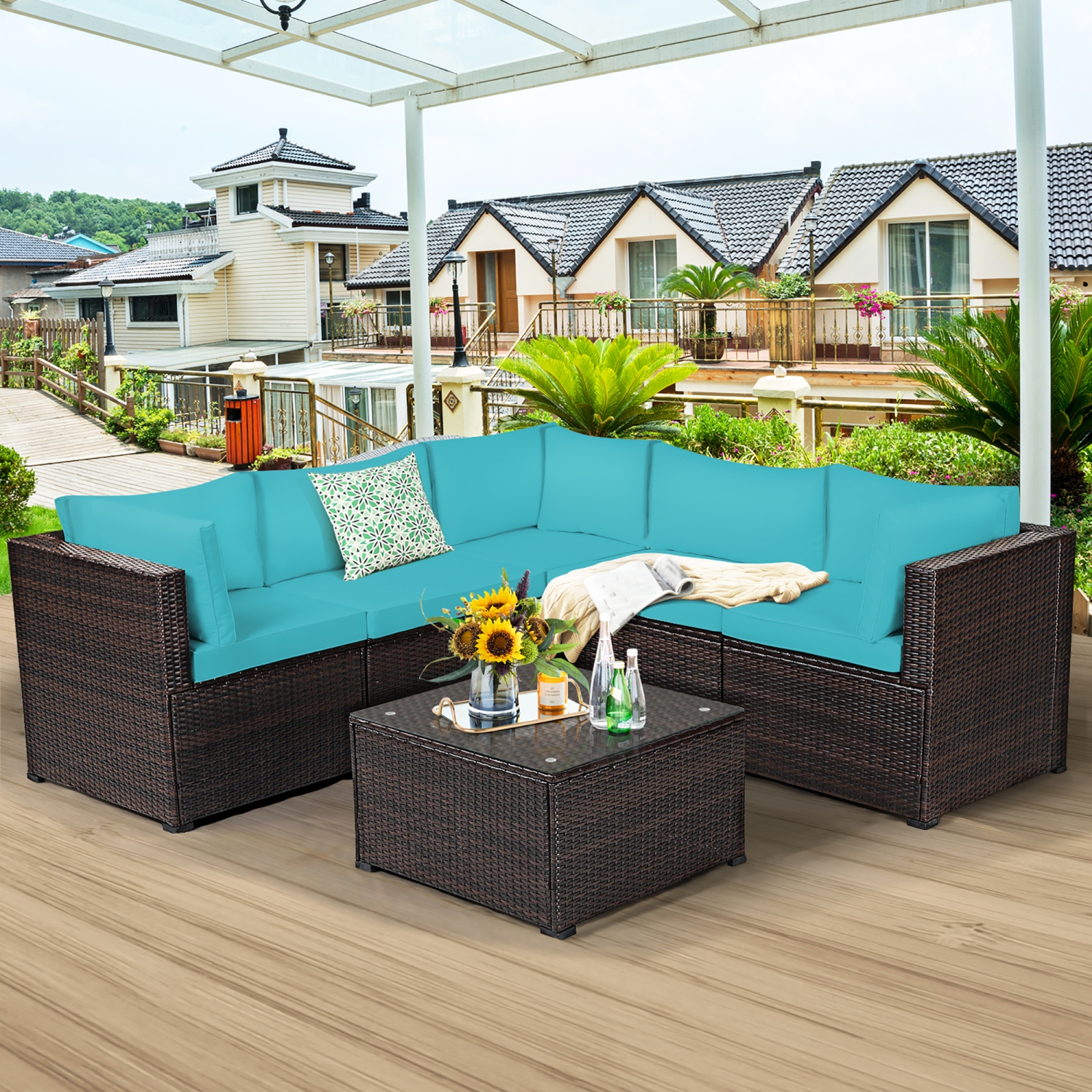 Costway 6PCS Patio Rattan Furniture Set Sectional Cushioned Sofa Deck