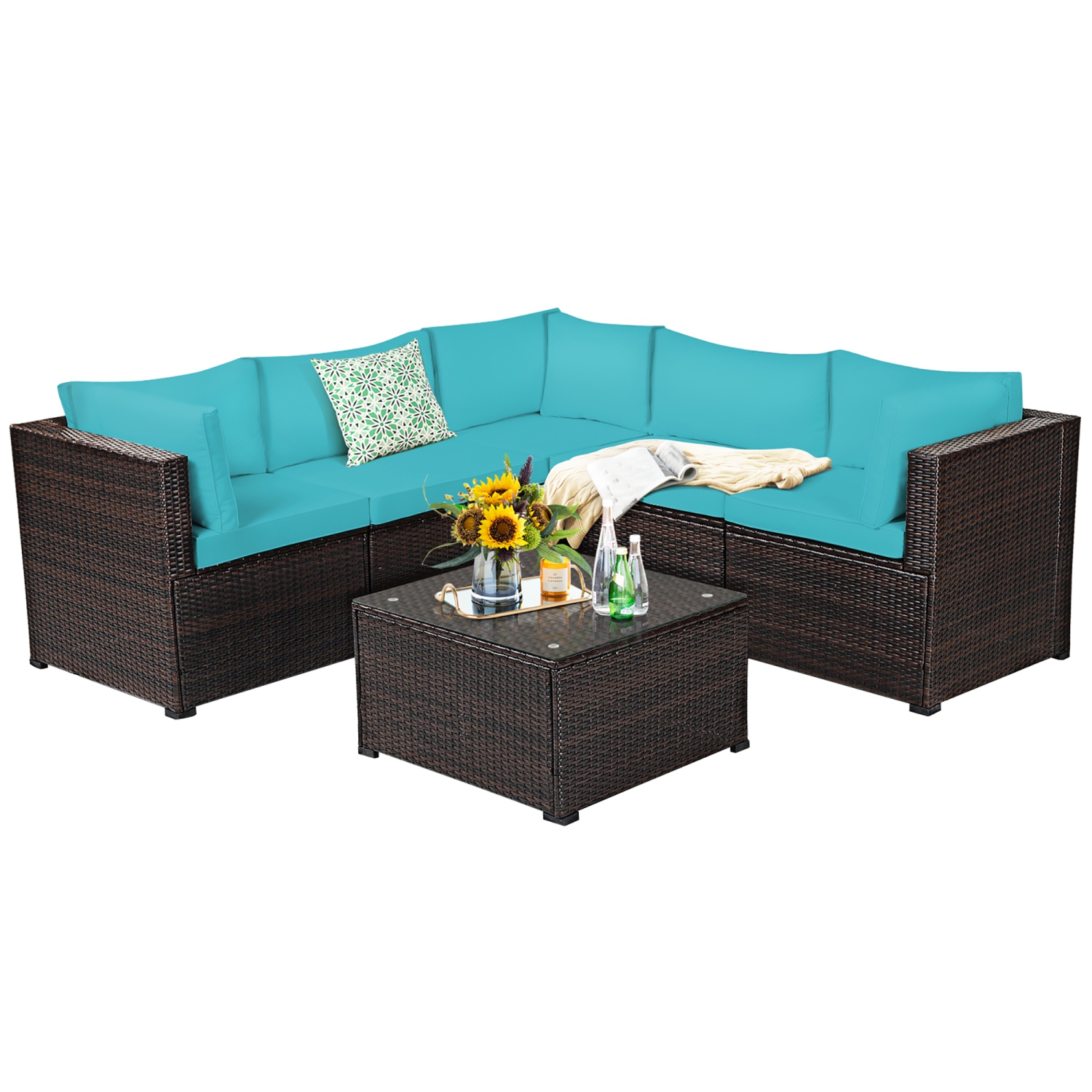 Costway 6PCS Patio Rattan Furniture Set Sectional Cushioned Sofa Deck