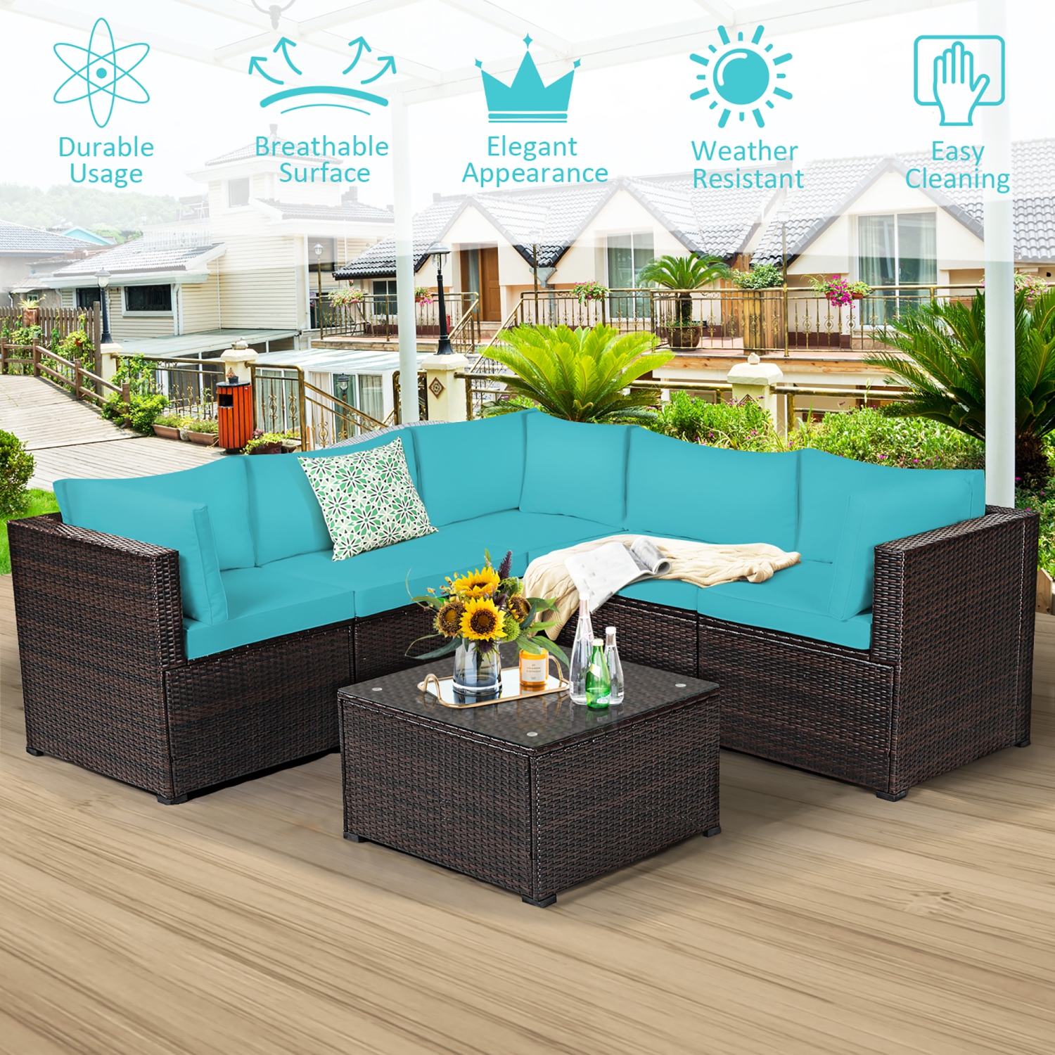 Costway 6PCS Patio Rattan Furniture Set Sectional Cushioned Sofa Deck