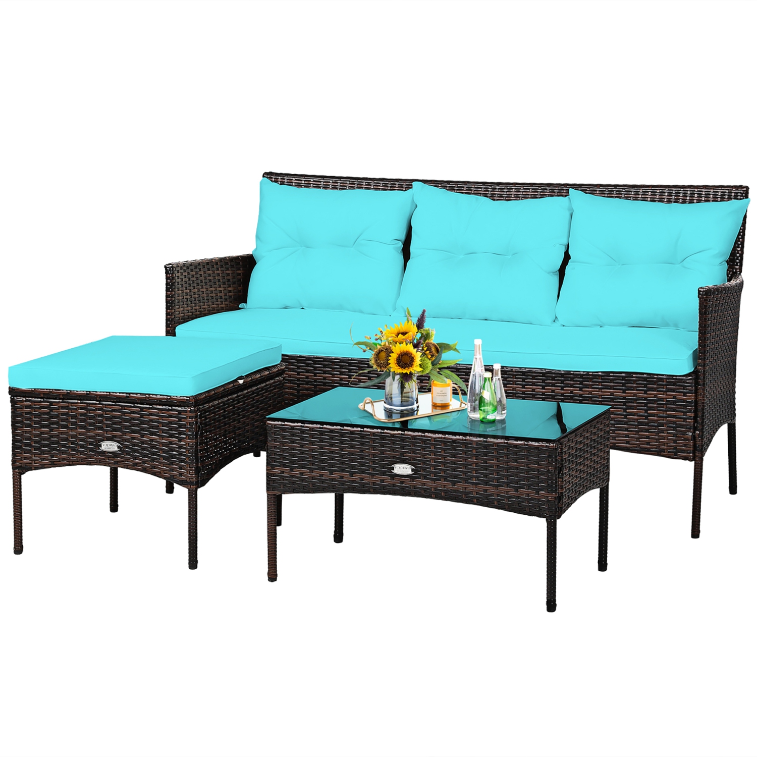 Costway 3PCS Patio Rattan Furniture Set 3-Seat Sofa Cushioned Table Garden