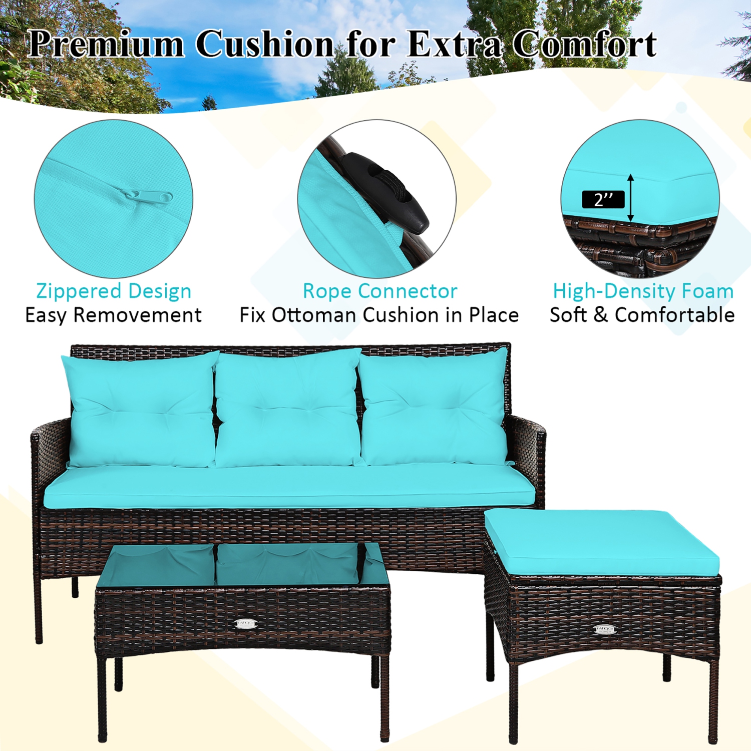 Costway 3PCS Patio Rattan Furniture Set 3-Seat Sofa Cushioned Table Garden