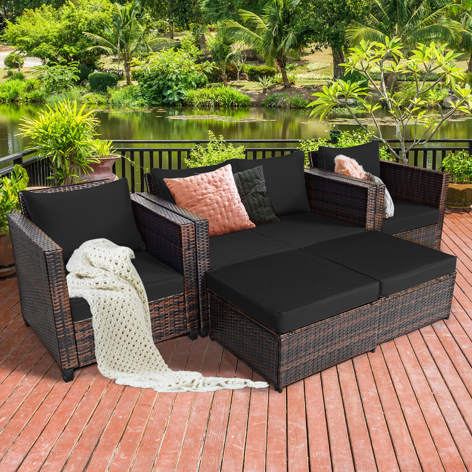 Costway 5PCS Patio Rattan Furniture Set Loveseat Sofa Ottoman Cushioned