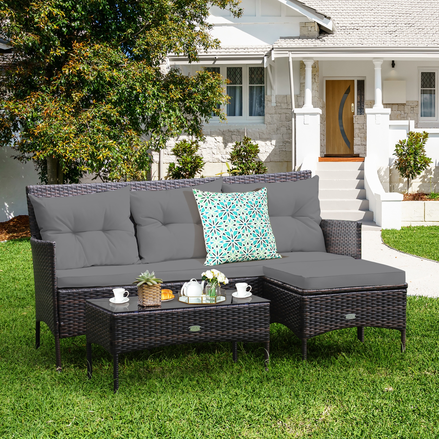 Costway 3PCS Patio Rattan Furniture Set 3-Seat Sofa Cushioned Table Garden