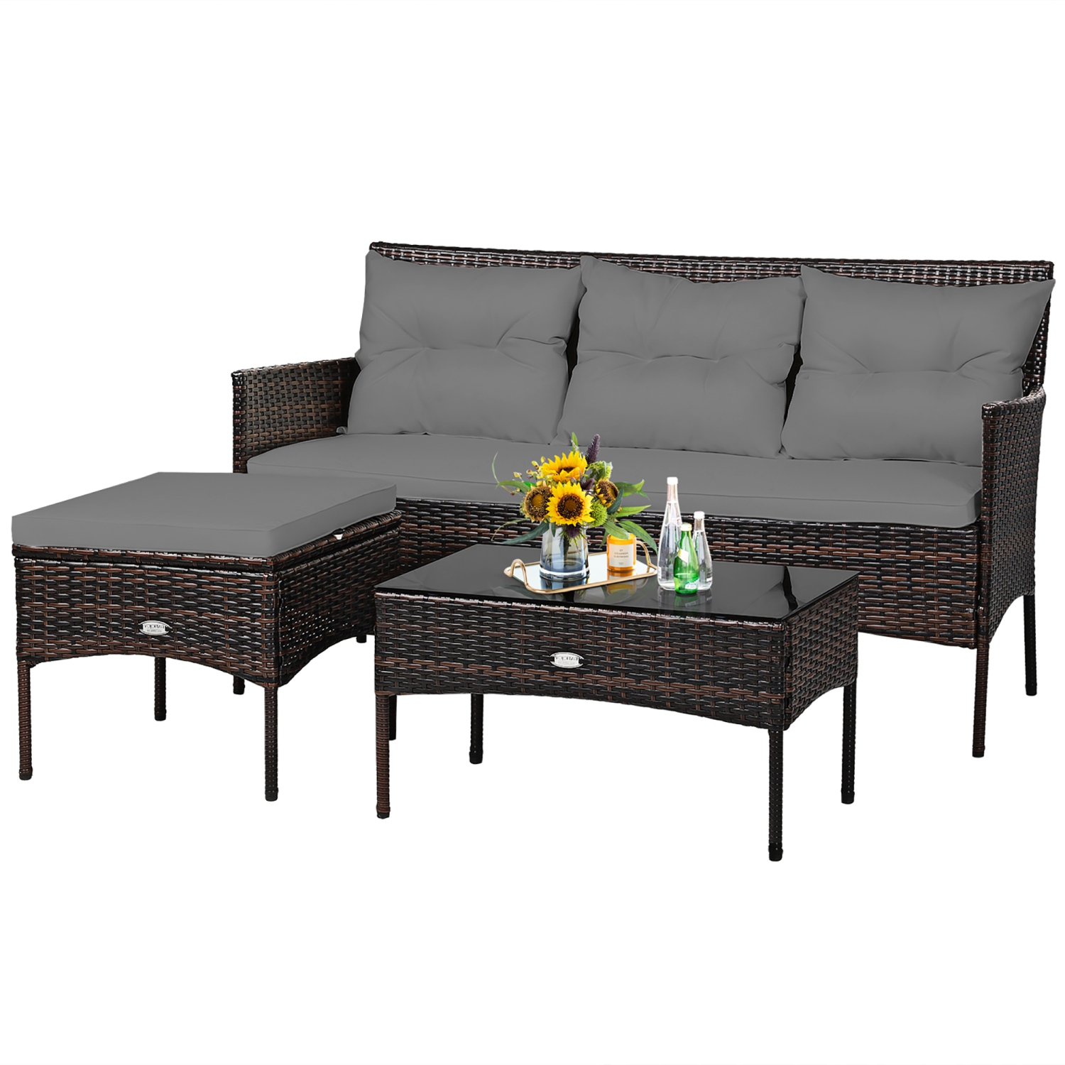 Costway 3PCS Patio Rattan Furniture Set 3-Seat Sofa Cushioned Table Garden