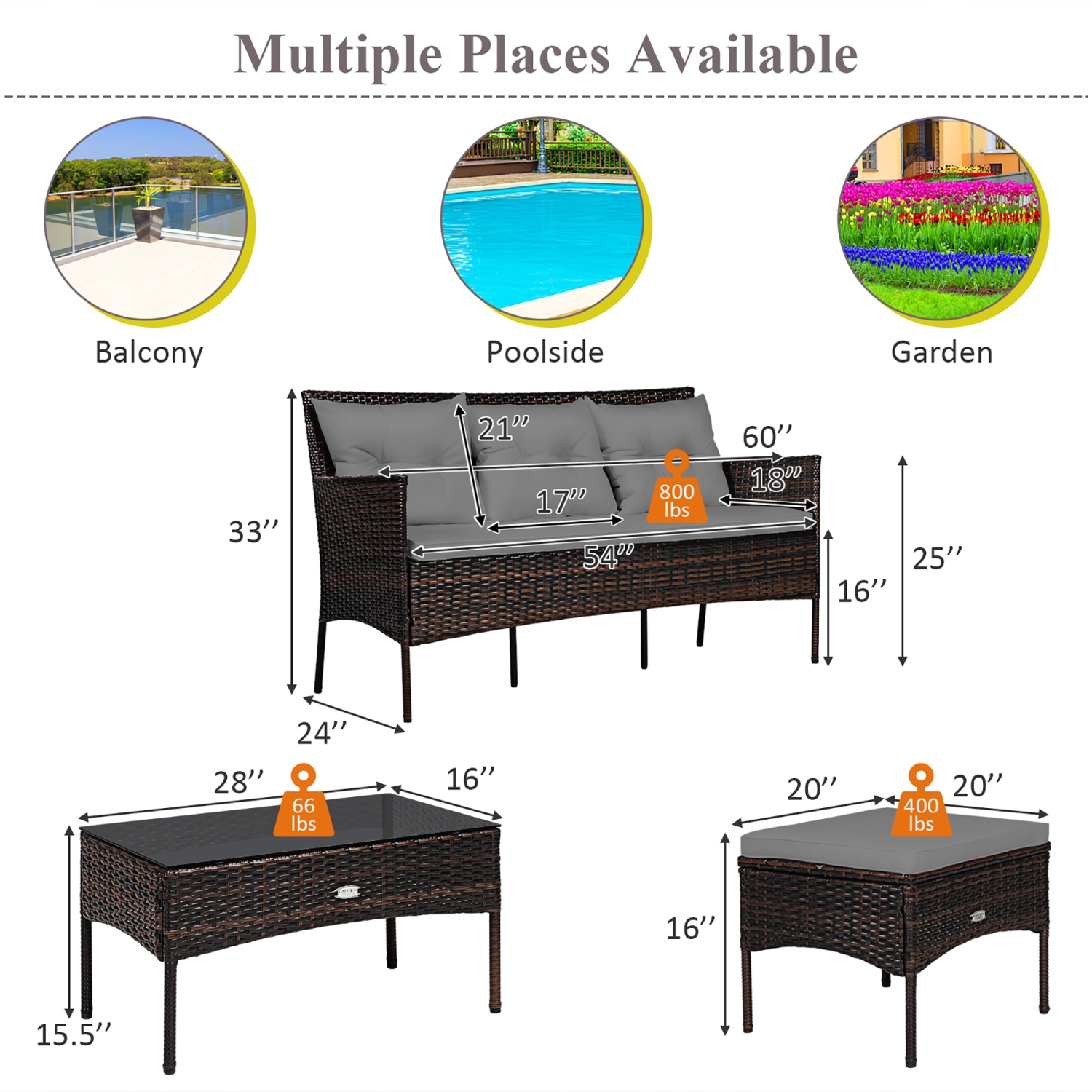 Costway 3PCS Patio Rattan Furniture Set 3-Seat Sofa Cushioned Table Garden