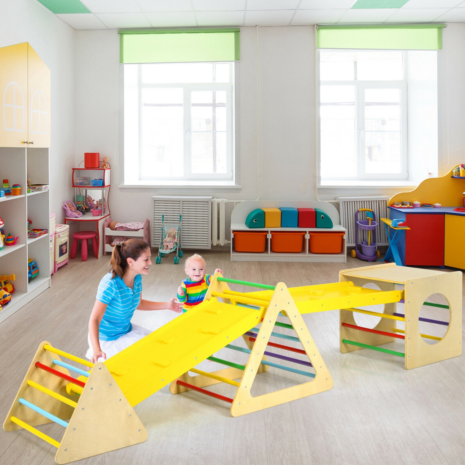 Aire de jeux 5 en 1 pour enfants, aire de jeux avec triangle d'escalade et cube pour enfants, Gymax