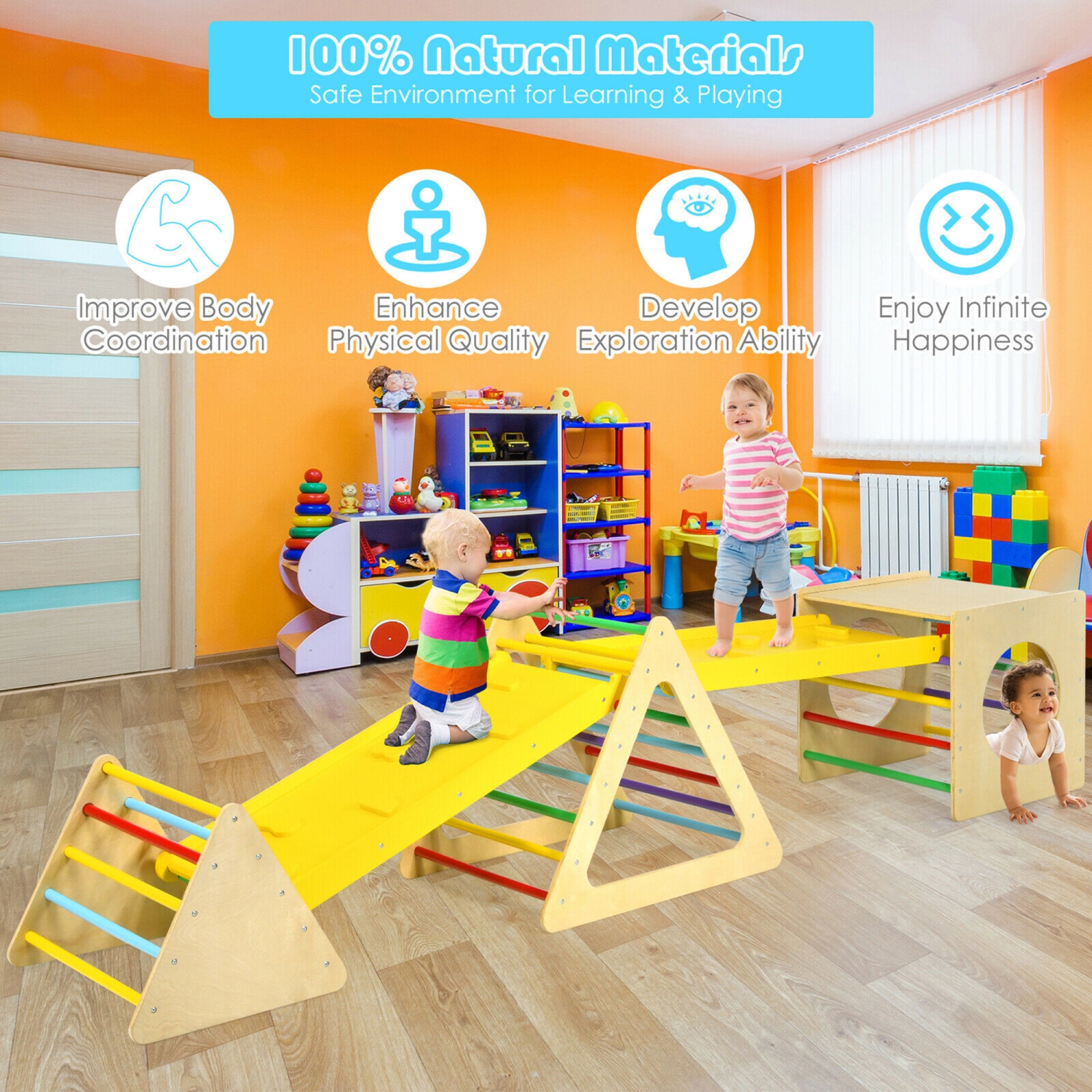 Aire de jeux 5 en 1 pour enfants, aire de jeux avec triangle d'escalade et cube pour enfants, Gymax