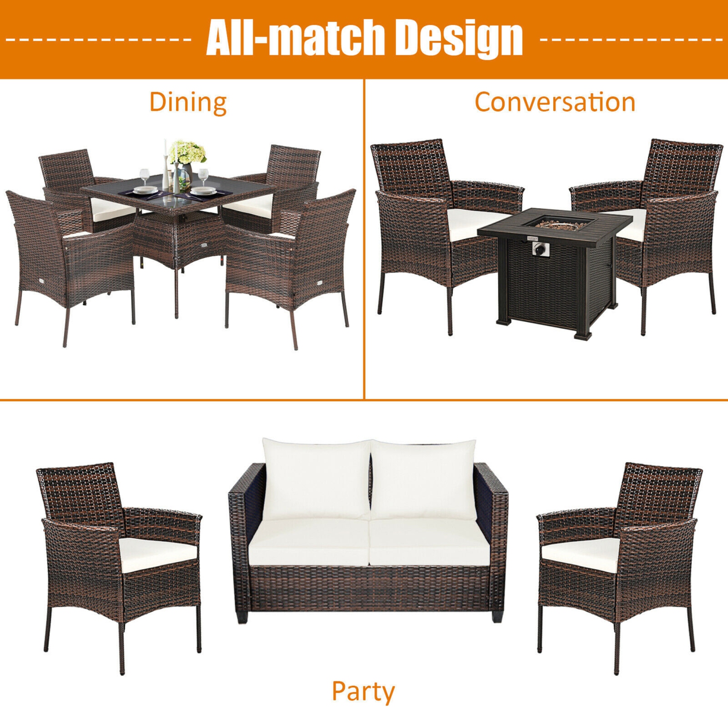 Gymax Patio 2PCS Rattan Arm Dining Chair Cushioned Sofa Furniture Brown